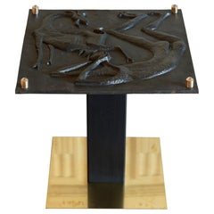 1970s Concrete Low Relief Belgian Side Table, Brass and Steel Base, Glass top