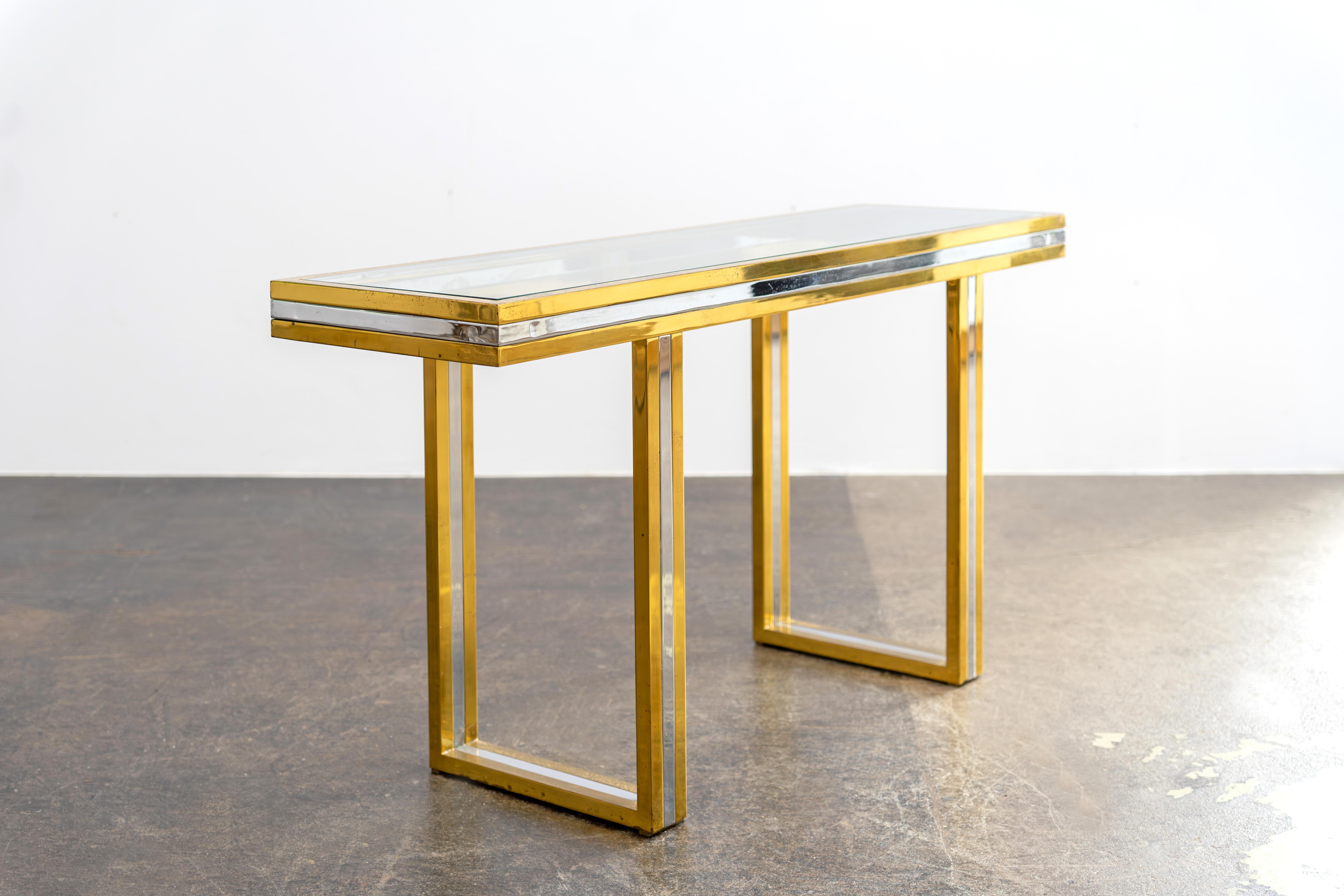 20th Century 1970s Console Table attr. Romeo Rega, Brass, Chrome and Glass, Hollywood Regency For Sale