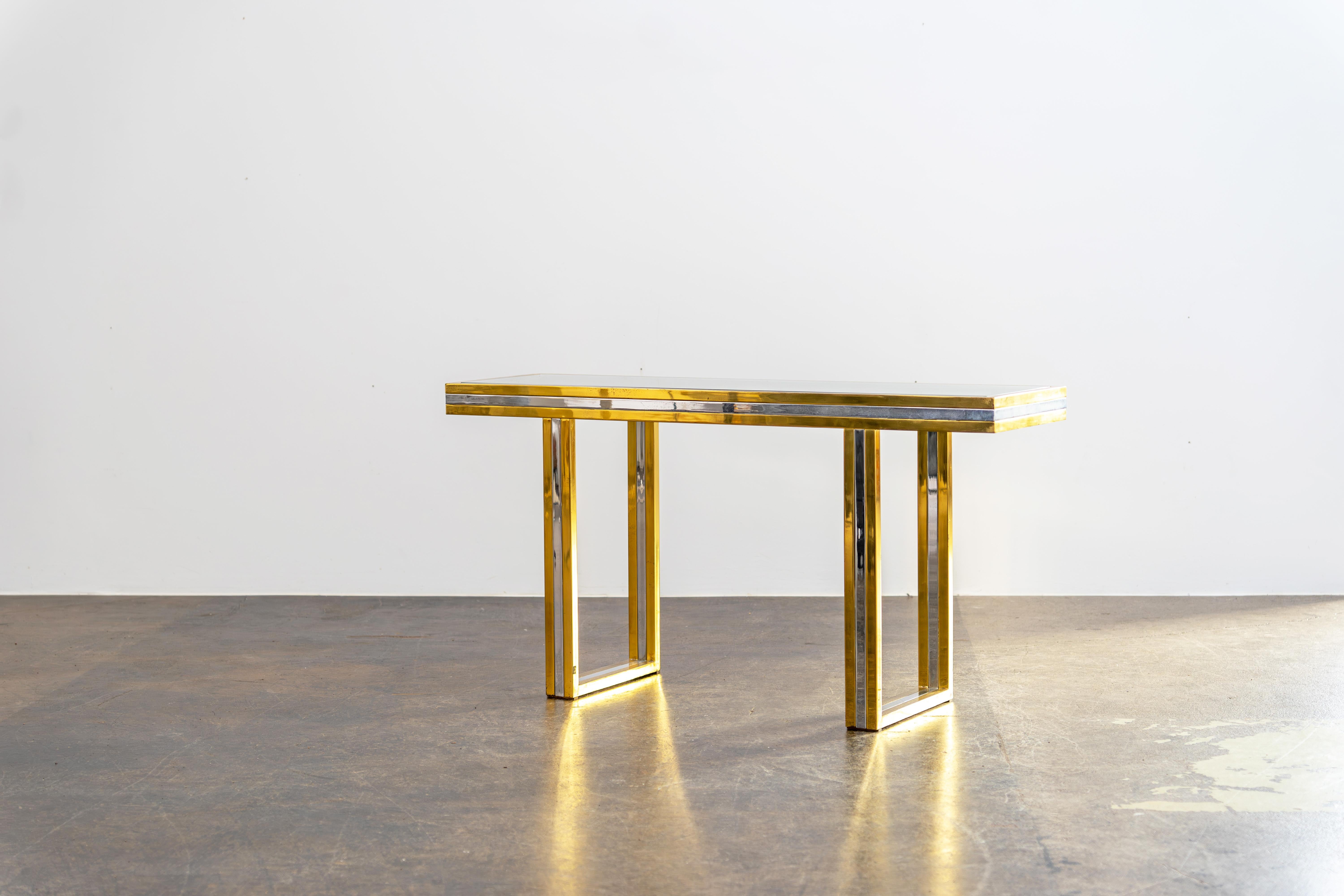1970s Console Table attr. Romeo Rega, Brass, Chrome and Glass, Hollywood Regency For Sale 1