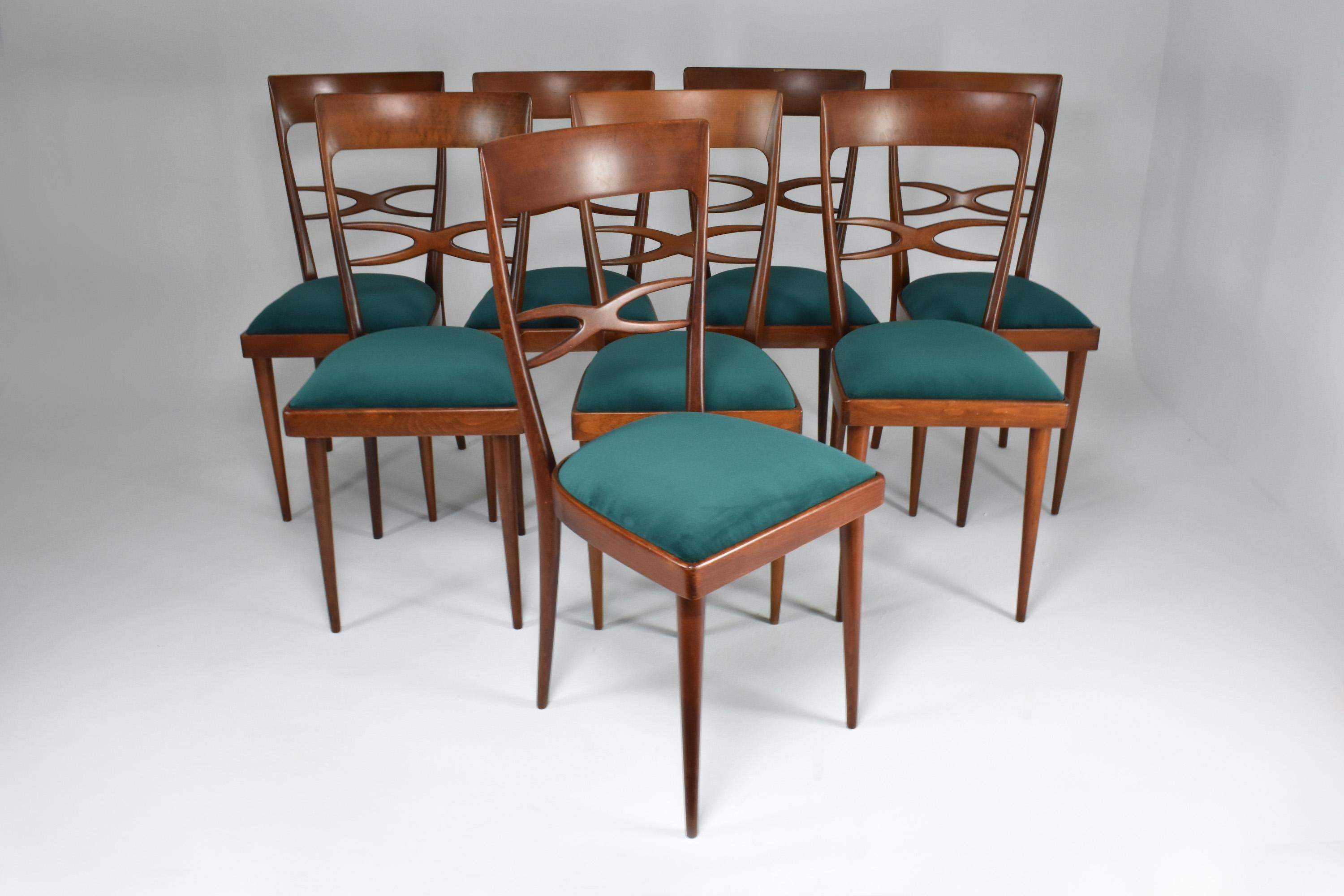 Italian 1970's Consorzio Sedie Friuli Restored Dining Chairs, Set of 8