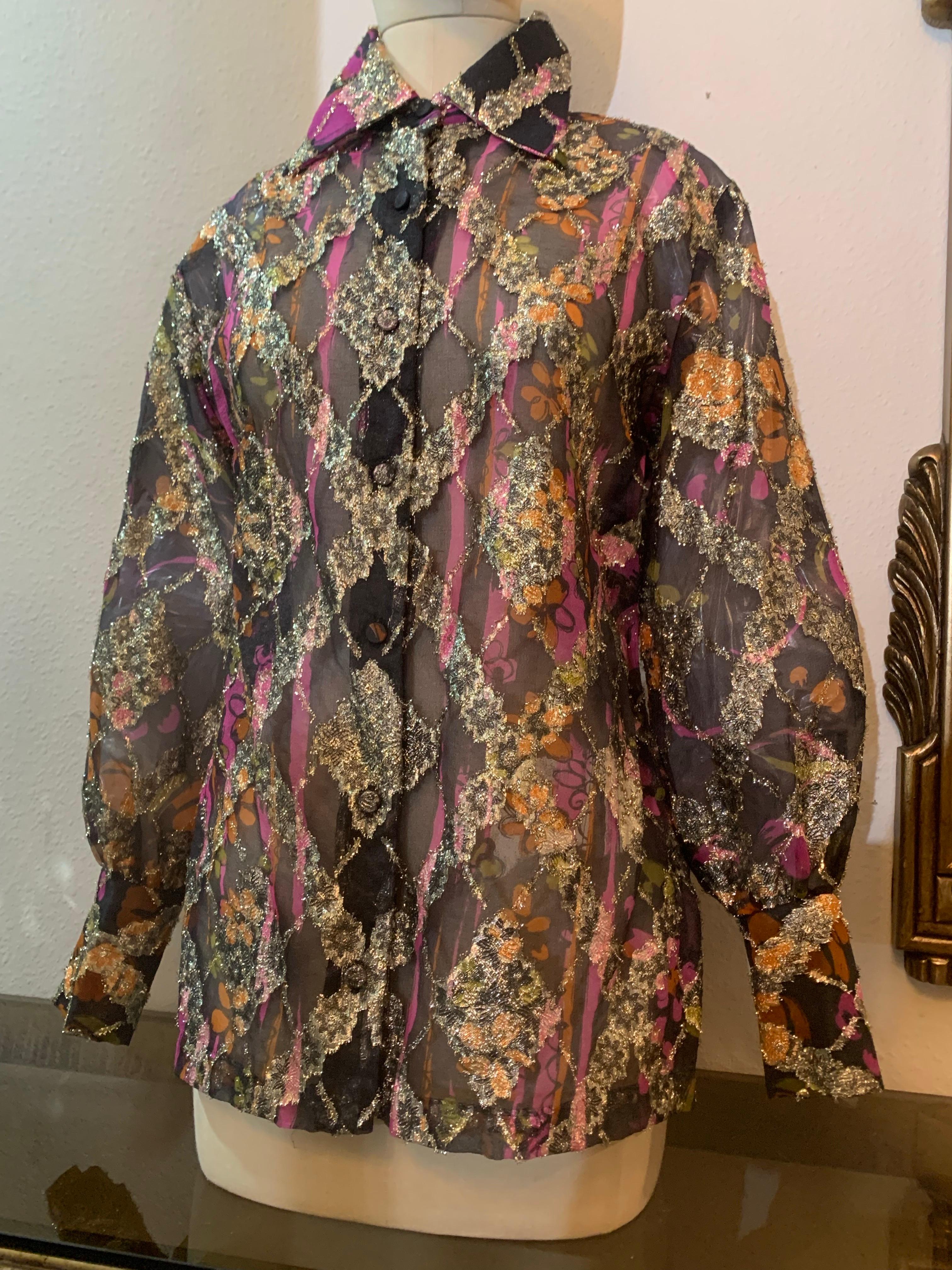1970s Contessa Monique Sheer Eyelash Textured Gold Lame Organza Blouse For Sale 6