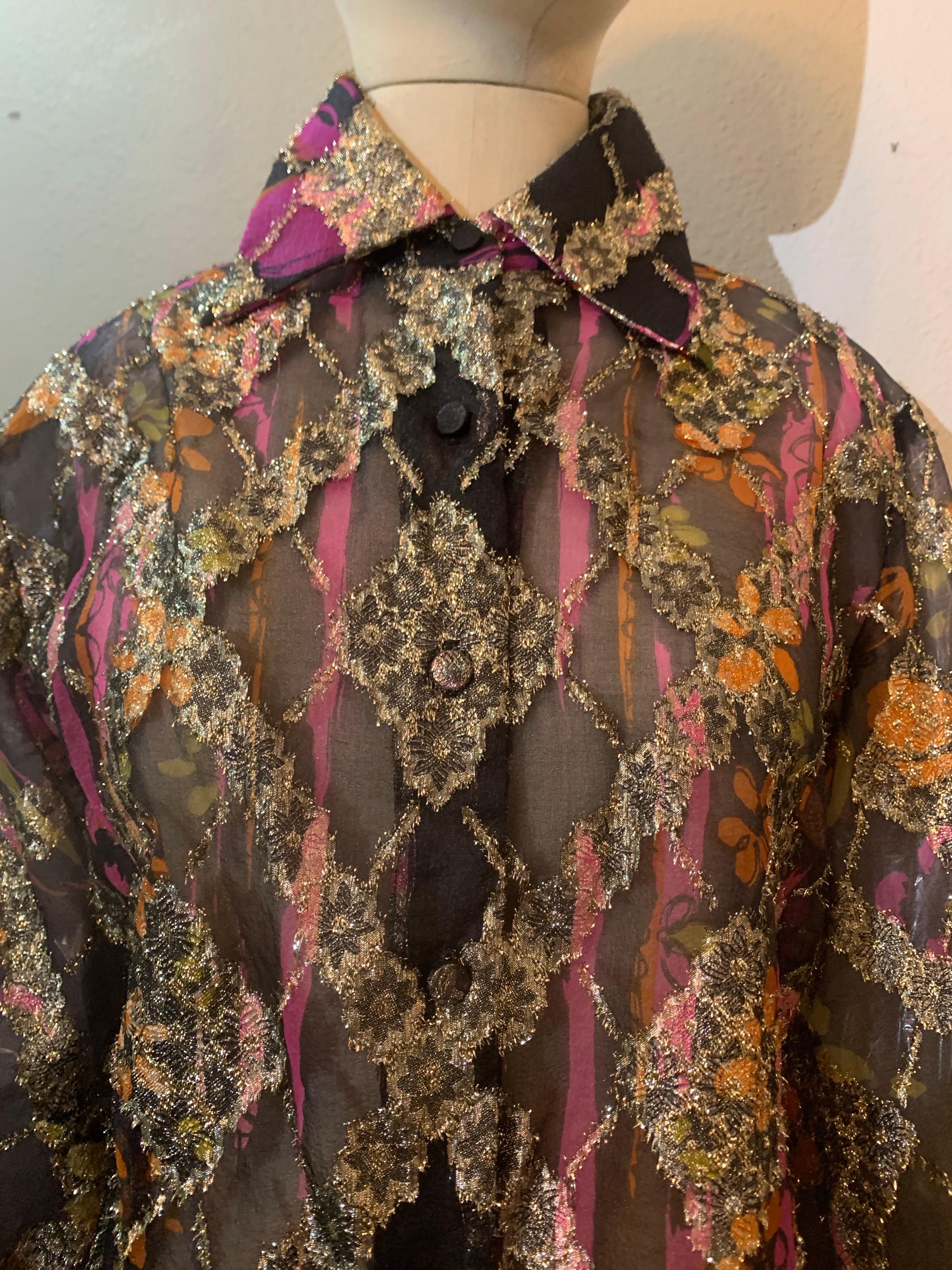 1970s Contessa Monique Sheer Eyelash Textured Gold Lame Organza Blouse For Sale 8