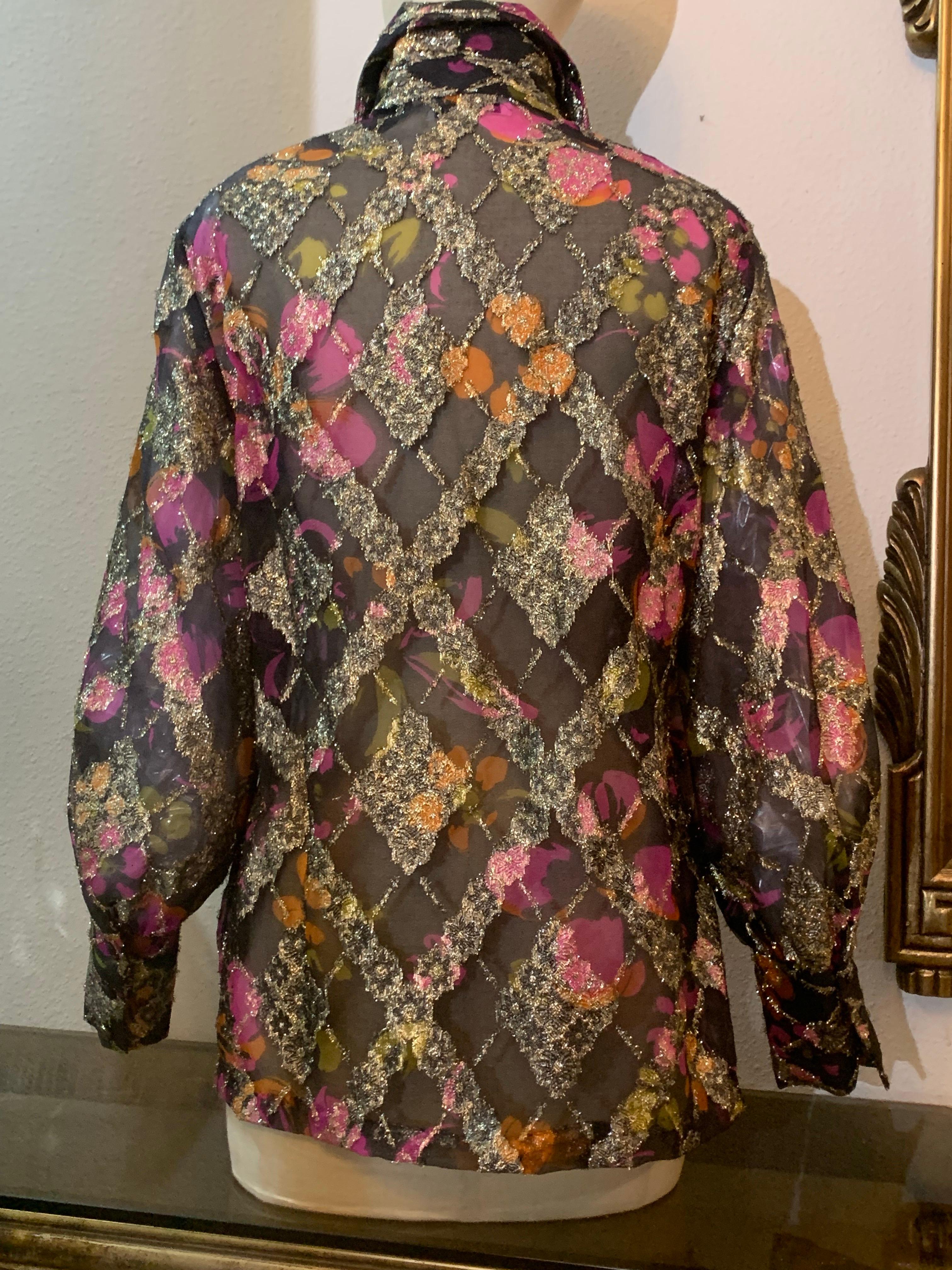 1970s Contessa Monique Sheer Eyelash Textured Gold Lame Organza Blouse For Sale 10