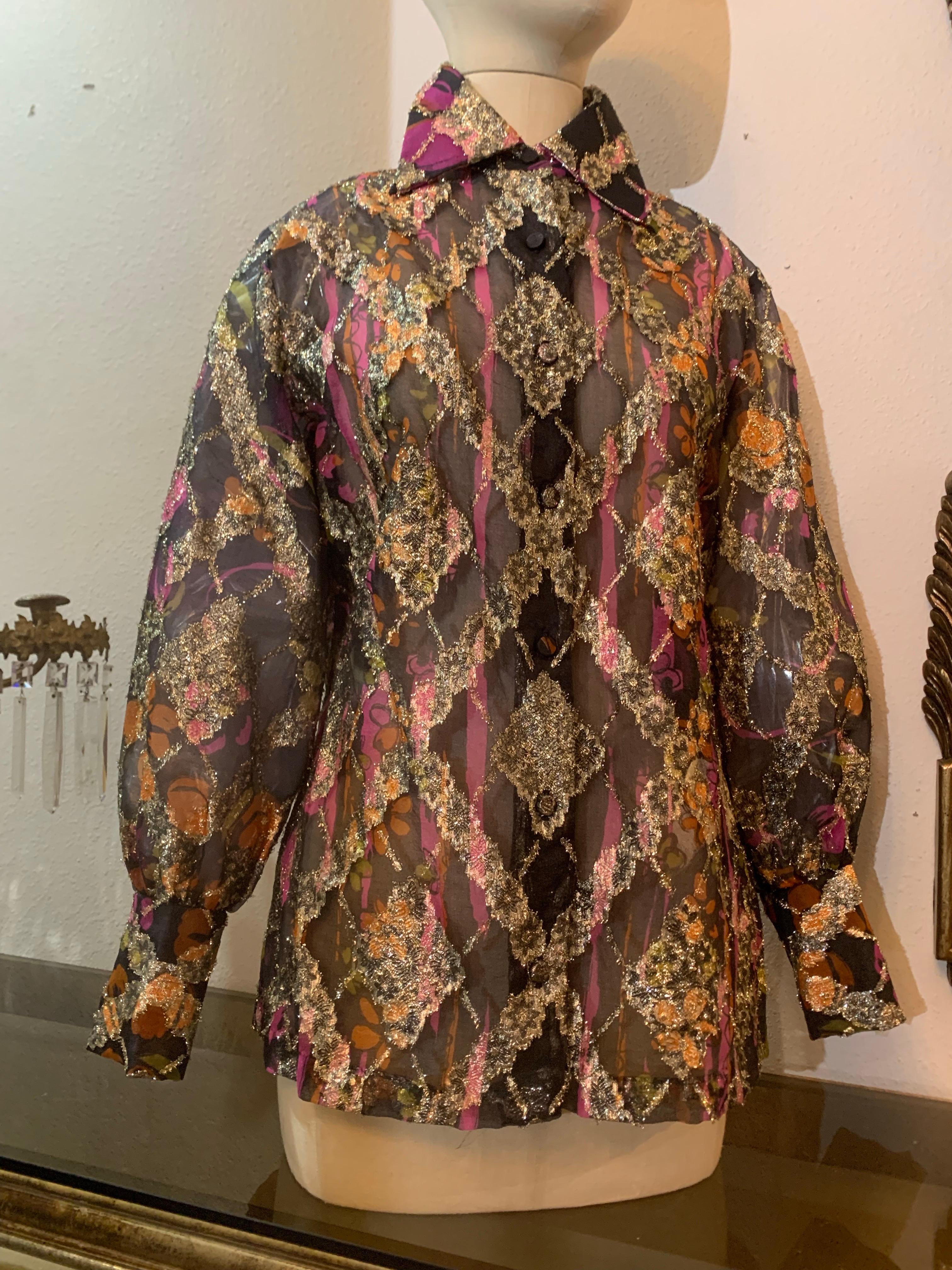 1970s Contessa Monique Sheer Eyelash Textured Gold Lame Organza Blouse For Sale 1