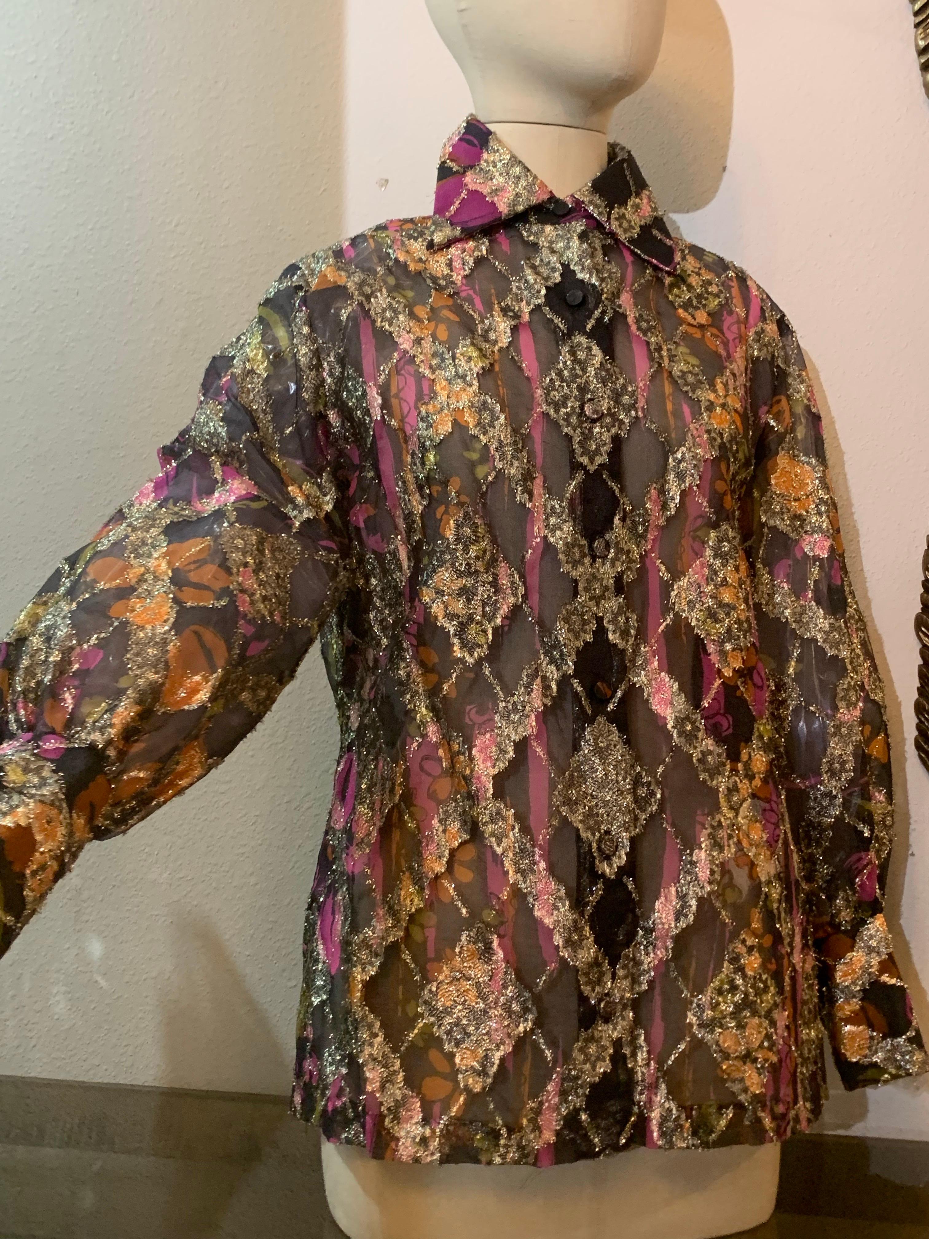 1970s Contessa Monique Sheer Eyelash Textured Gold Lame Organza Blouse For Sale 3