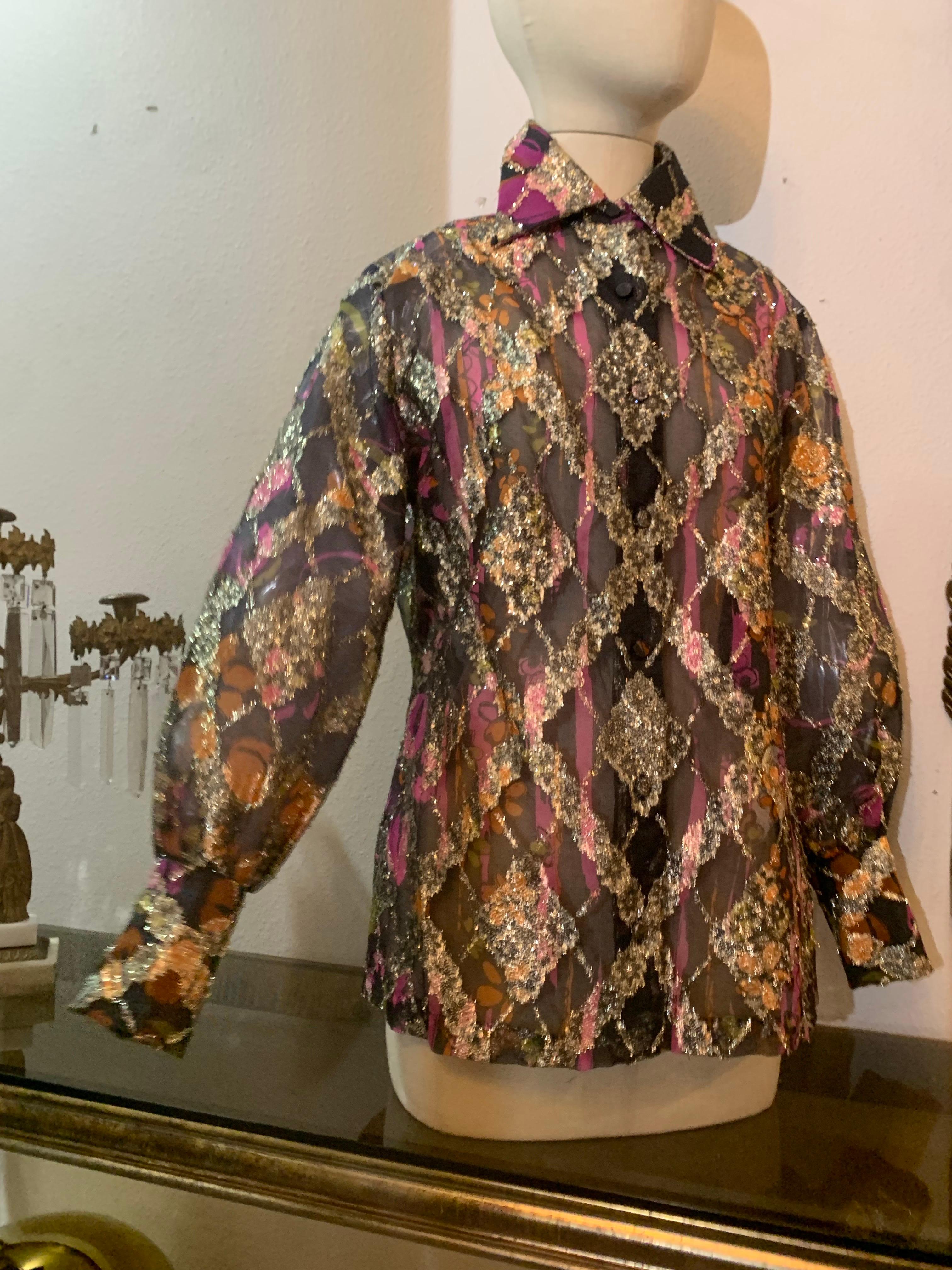 1970s Contessa Monique Sheer Eyelash Textured Gold Lame Organza Blouse For Sale 4
