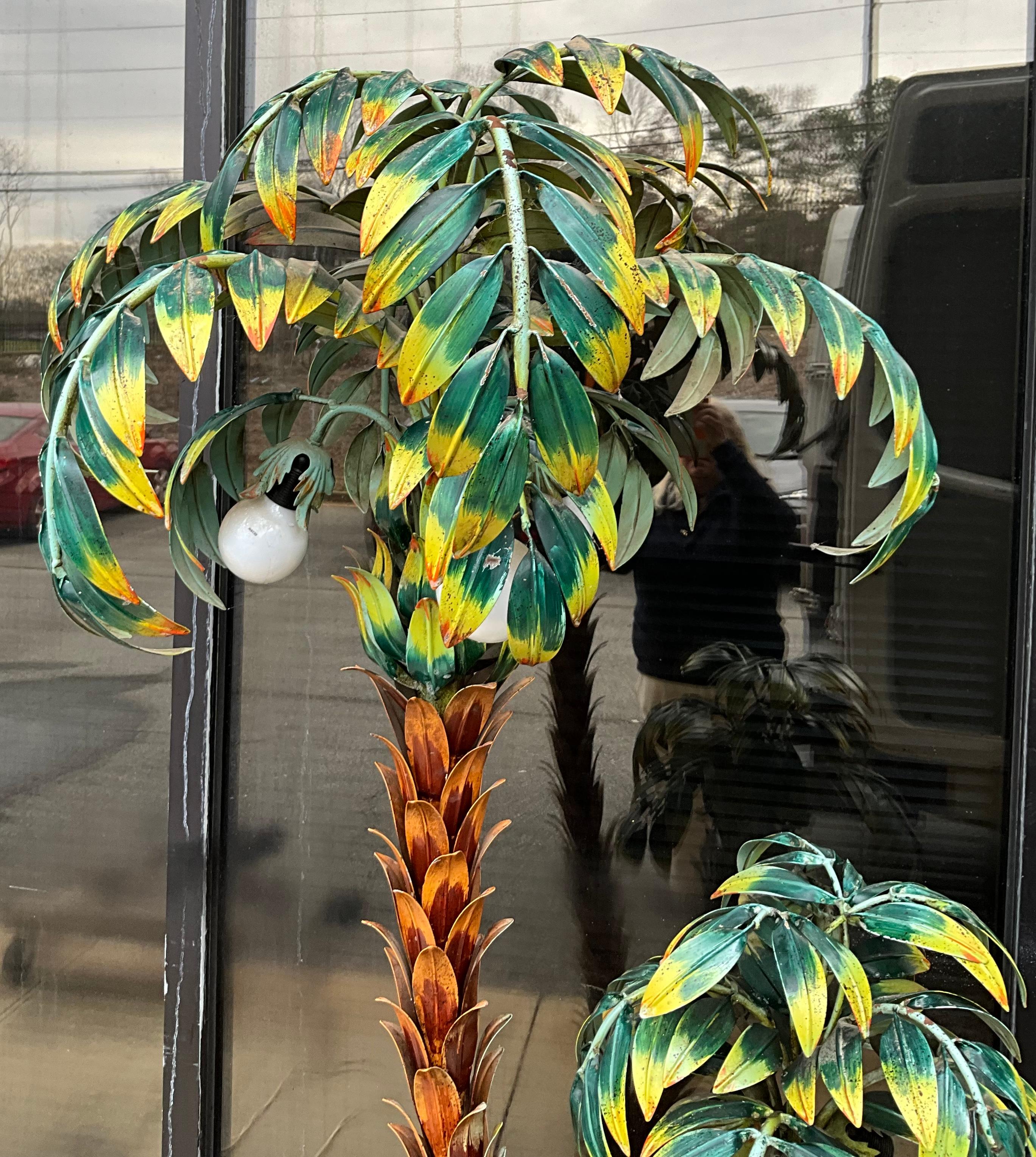 Late 20th Century 1970s Continental Hans Kogl Life Size Tole Polychrome Palm Tree Floor Lamp  For Sale