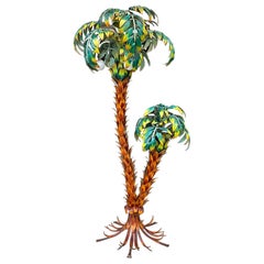 1970s Continental Hans Kogl Lámpara de pie de palmera policromada Tole de tamaño natural