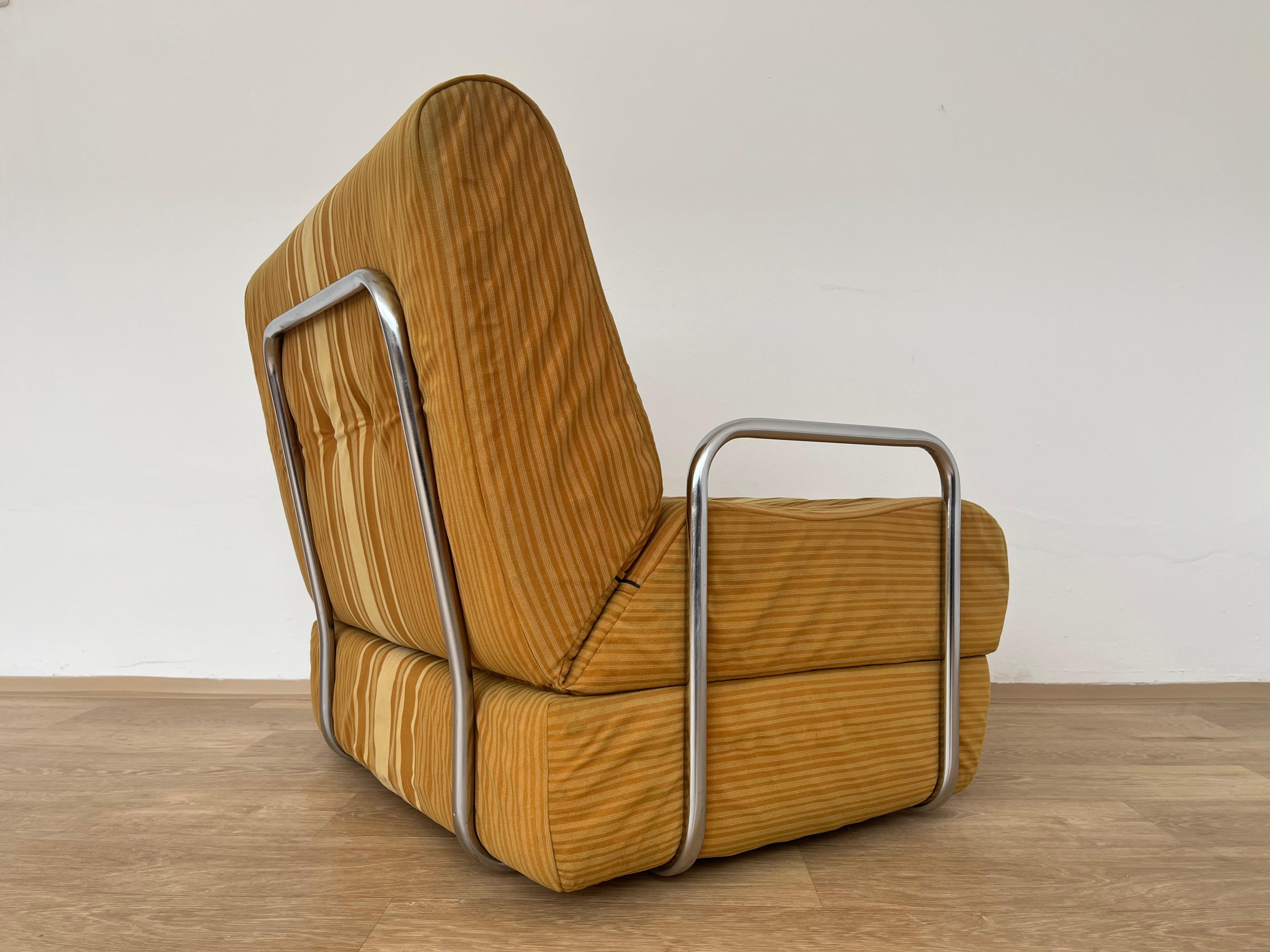 Upholstery 1970s Convertible Chrome Armchair / Bed, Czechoslovakia