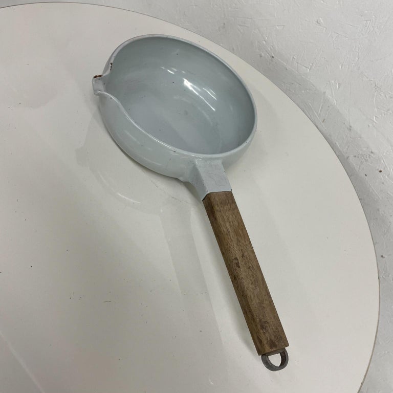 1970s Copco Saucepan Pour Spout Teak Wood Handle White Enamel Steel