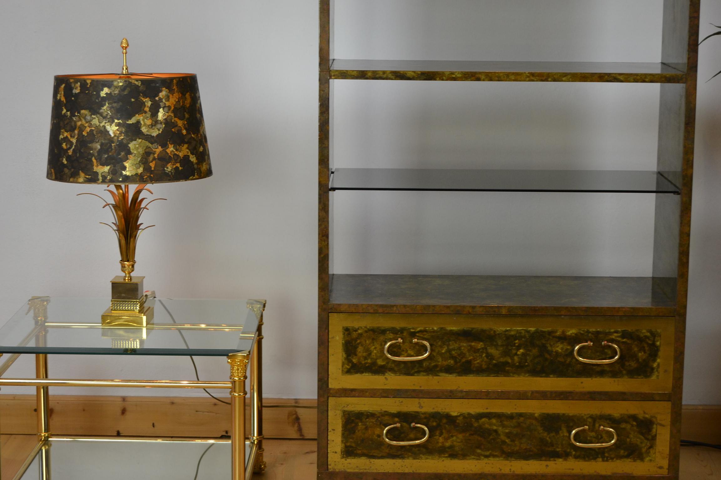 Copper with Brass Étagère, Bookcase, Room Divider with Glass Shelves, 1970s For Sale 12