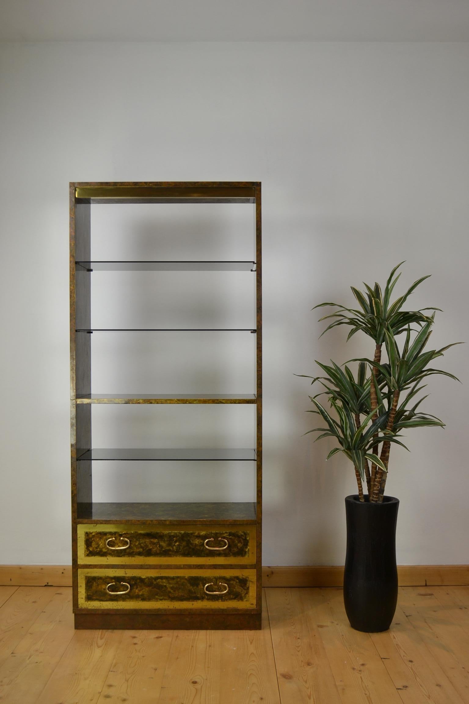 Copper with Brass Étagère, Bookcase, Room Divider with Glass Shelves, 1970s For Sale 13