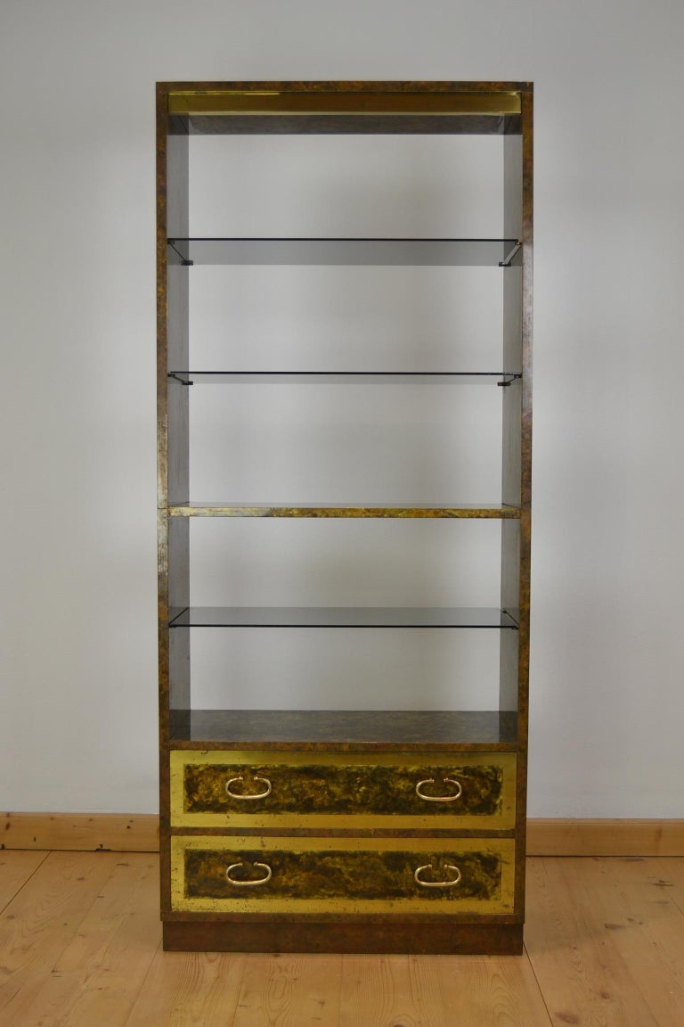 Hollywood Regency Copper with Brass Étagère, Bookcase, Room Divider with Glass Shelves, 1970s For Sale