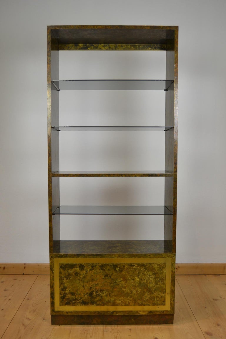 Copper with Brass Étagère, Bookcase, Room Divider with Glass Shelves, 1970s For Sale 1