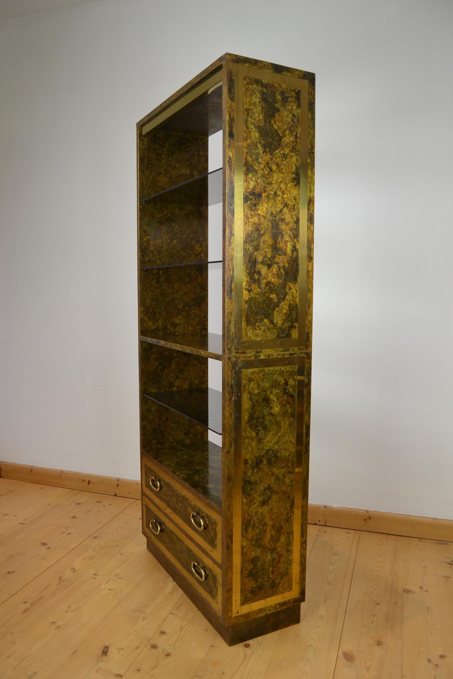 Copper with Brass Étagère, Bookcase, Room Divider with Glass Shelves, 1970s For Sale 1