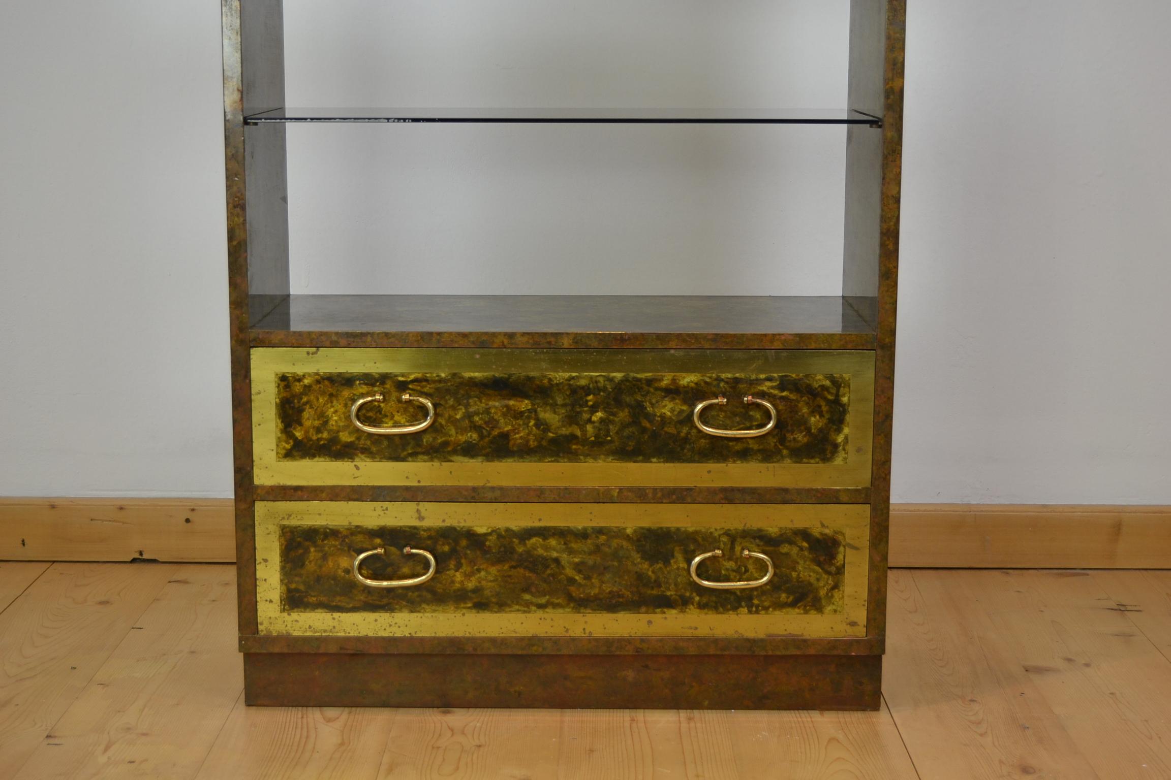 Copper with Brass Étagère, Bookcase, Room Divider with Glass Shelves, 1970s For Sale 2