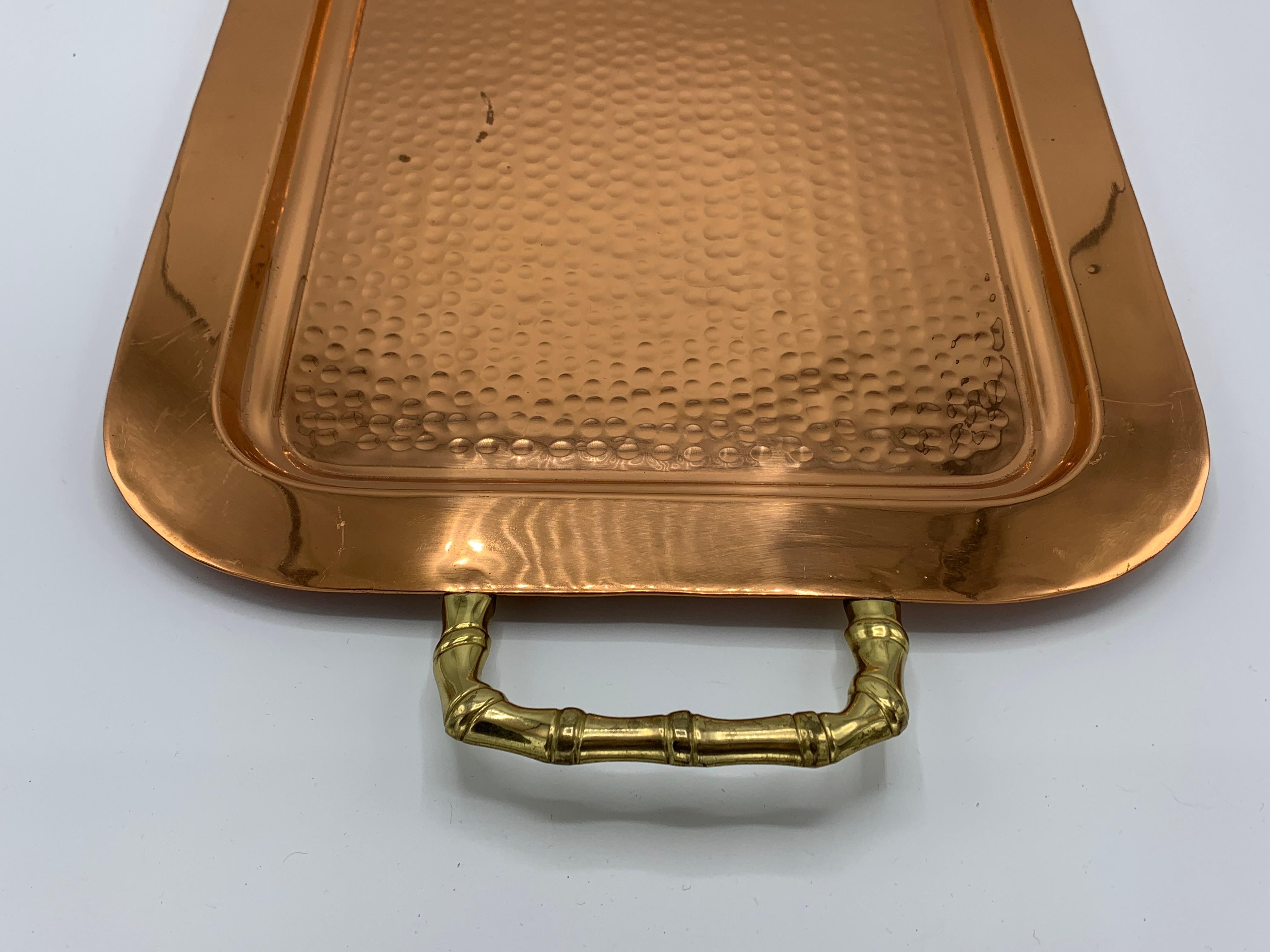 1970s Copper and Brass Tray with Faux Bamboo Handles For Sale 1