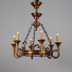 1970s Copper & Brass Bugle Arm Chandelier