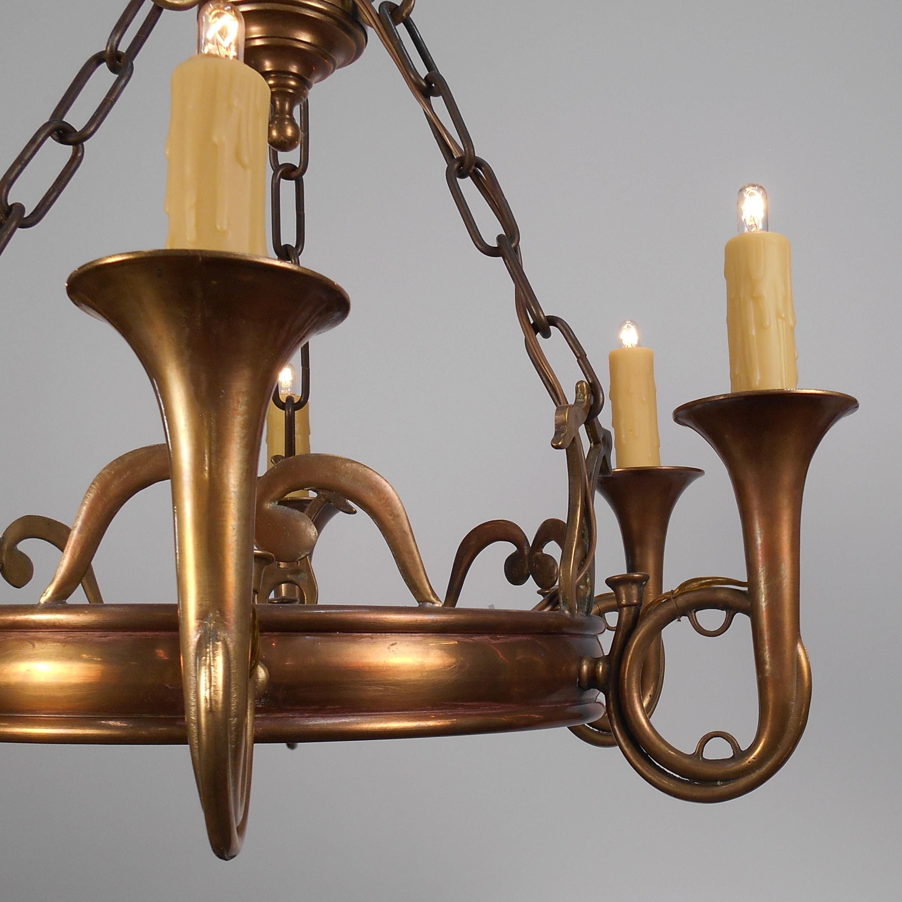 1970s Copper & Brass Bugle Arm Chandelier In Good Condition For Sale In Denver, CO