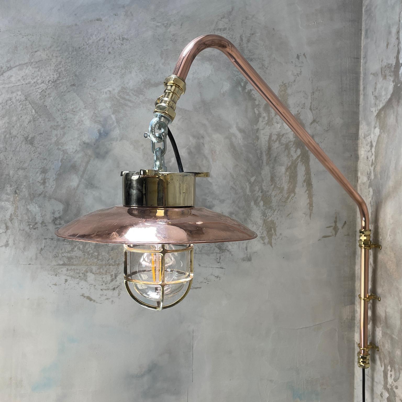 Late 20th Century 1970s Copper & Brass Cantilever Explosion Proof Pendant Lamp with Cage and Shade For Sale