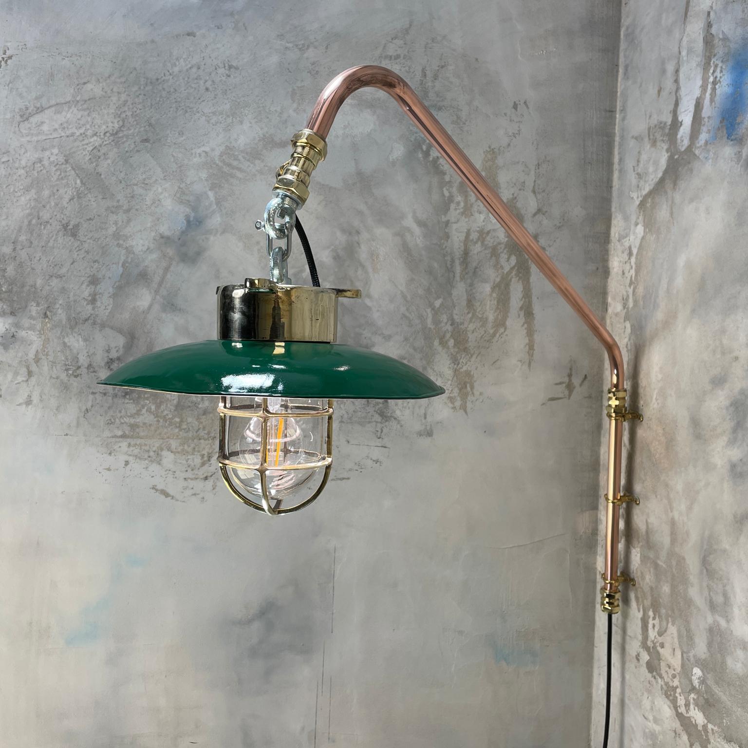 1970s Copper & Brass Cantilever Explosion Proof Pendant Lamp with Cage and Shade For Sale 1