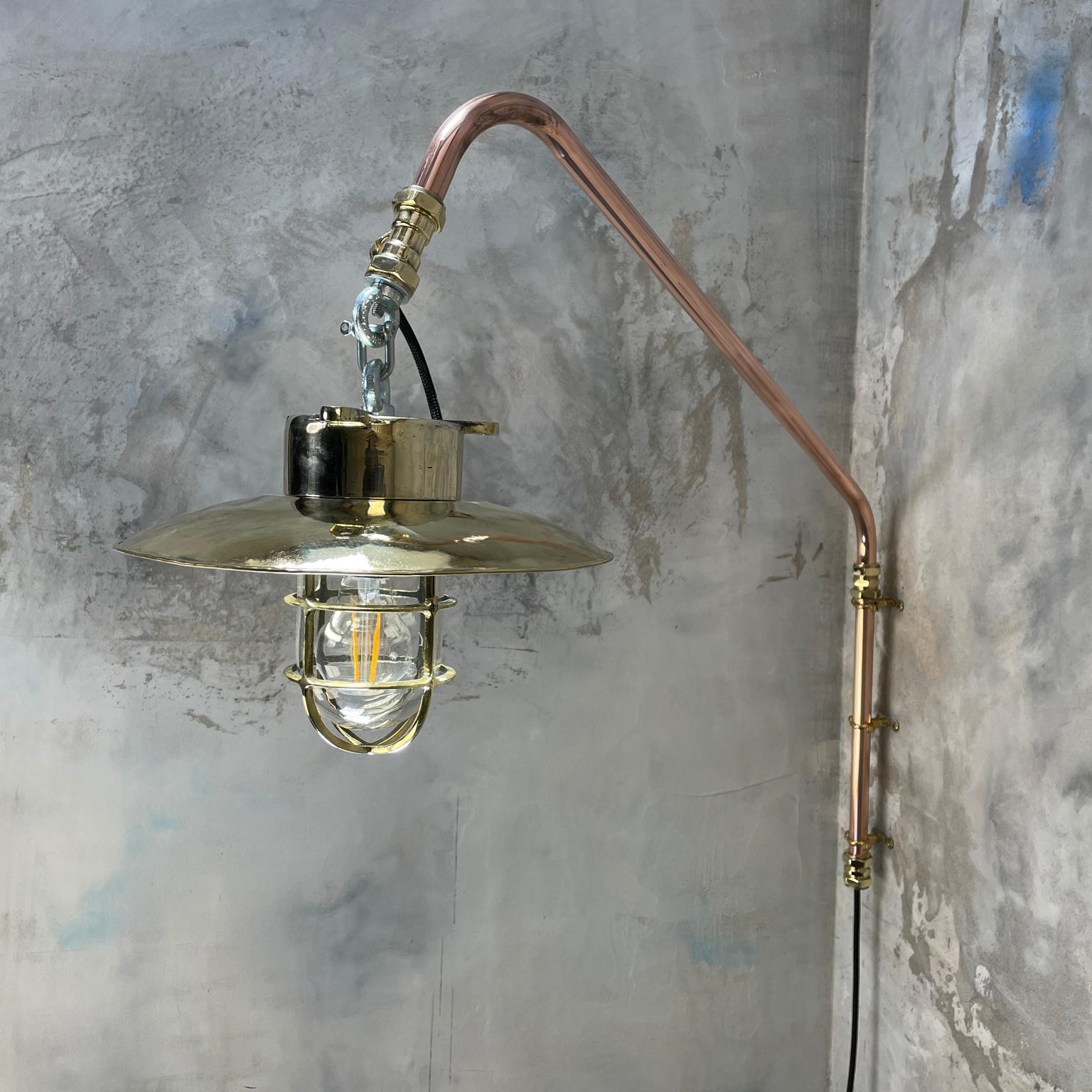 1970s Copper & Brass Cantilever Explosion Proof Pendant Lamp with Cage and Shade For Sale 2