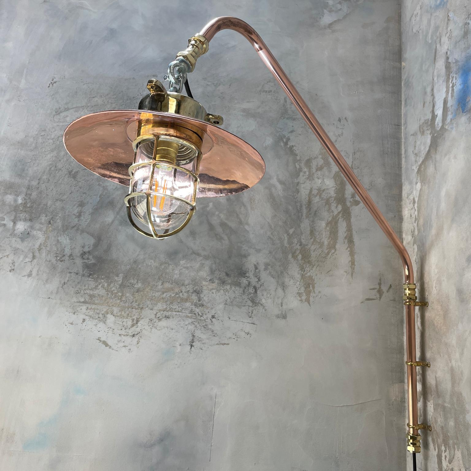 1970s Copper & Brass Cantilever Explosion Proof Pendant Lamp with Cage and Shade For Sale 3