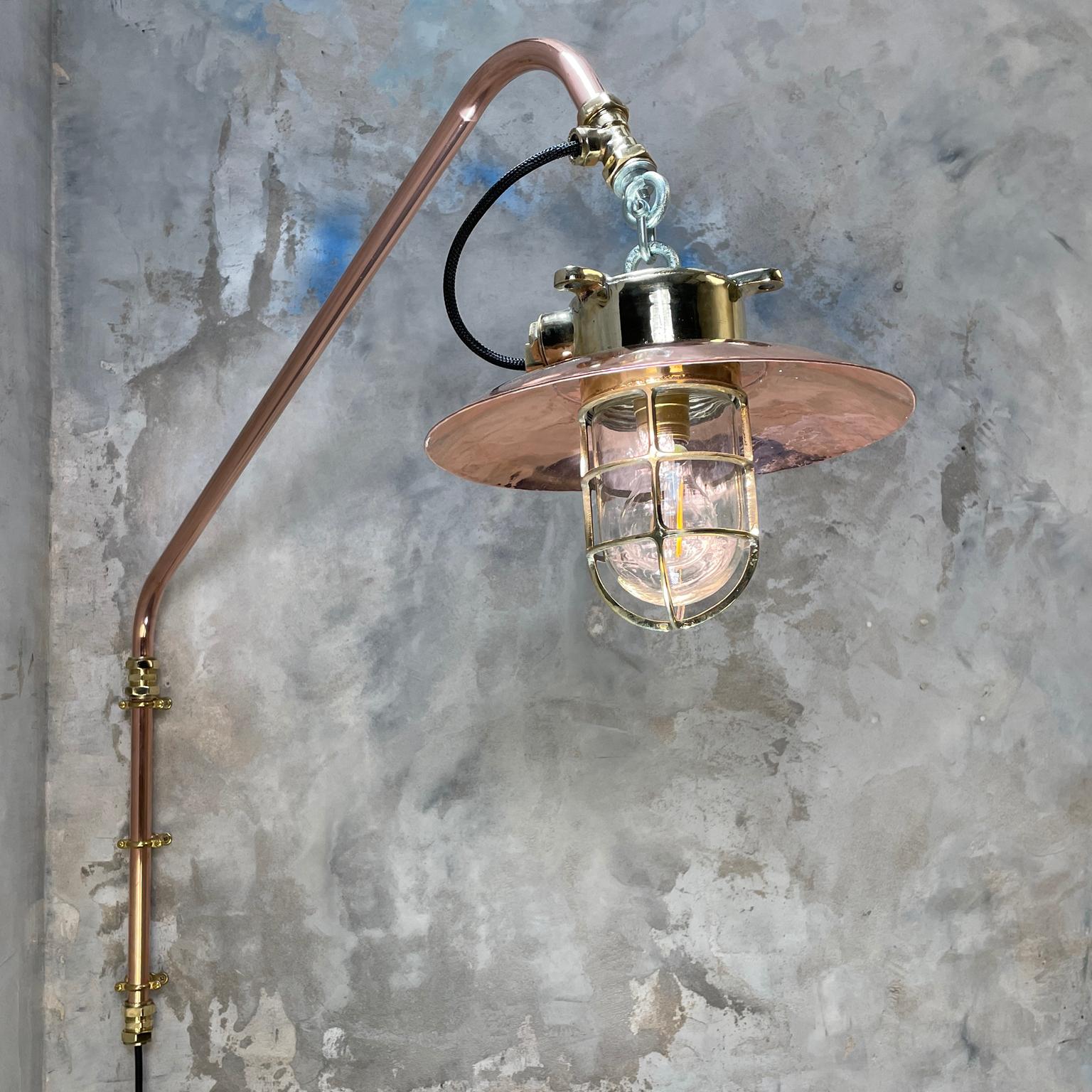 1970s Copper & Brass Cantilever Explosion Proof Pendant Lamp with Cage and Shade For Sale 6