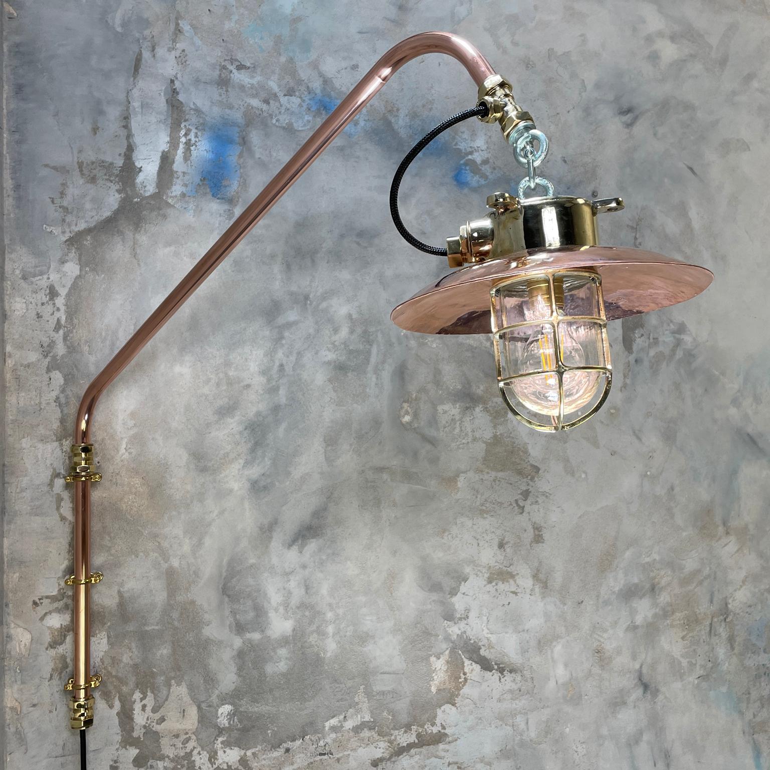 1970s Copper & Brass Cantilever Explosion Proof Pendant Lamp with Cage and Shade For Sale 7