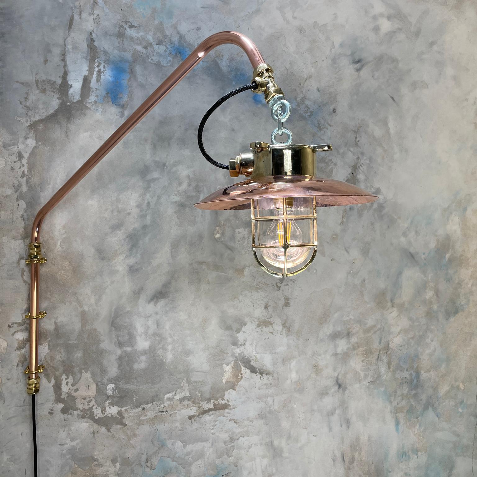 1970s Copper & Brass Cantilever Explosion Proof Pendant Lamp with Cage and Shade For Sale 8