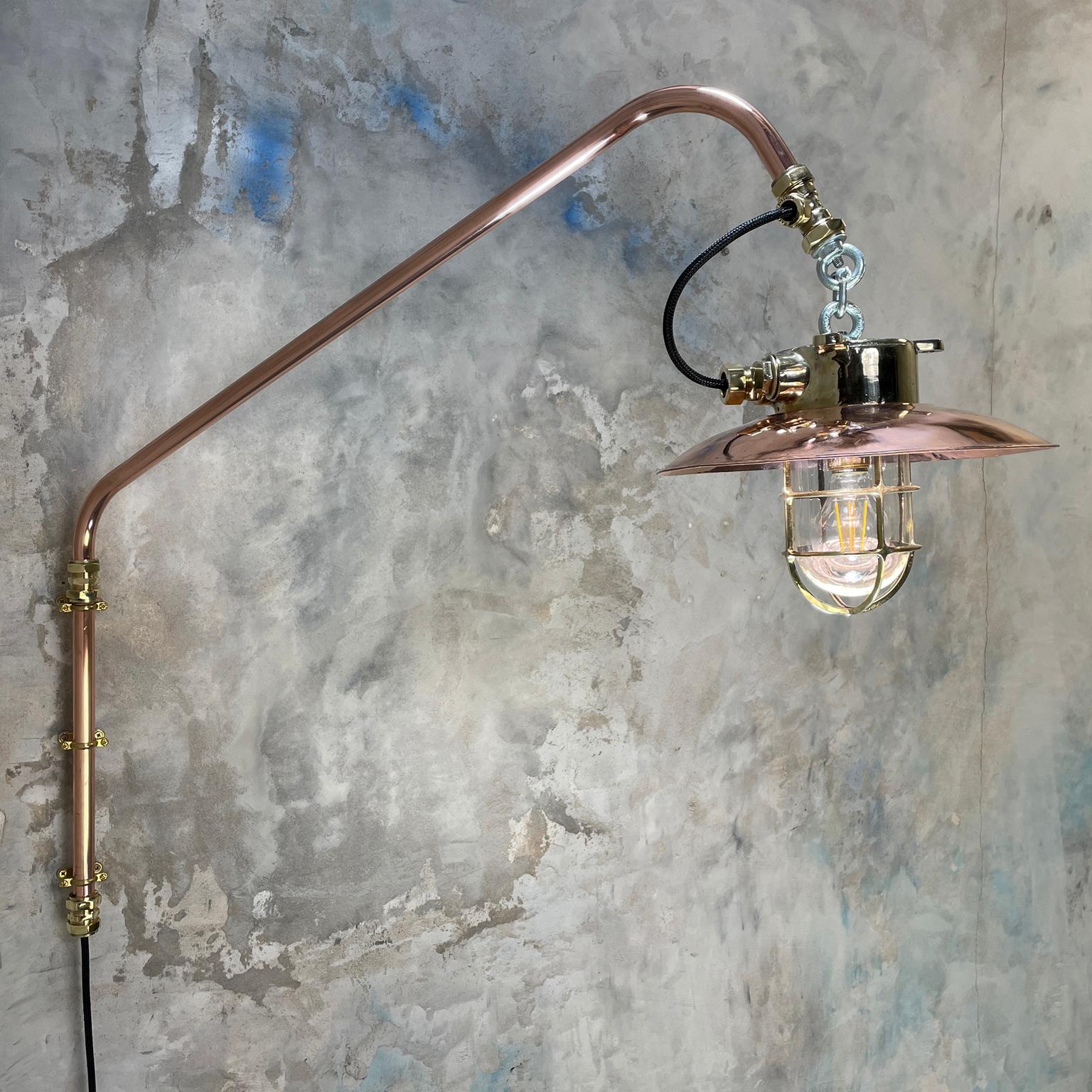 1970s Copper & Brass Cantilever Explosion Proof Pendant Lamp with Cage and Shade For Sale 9