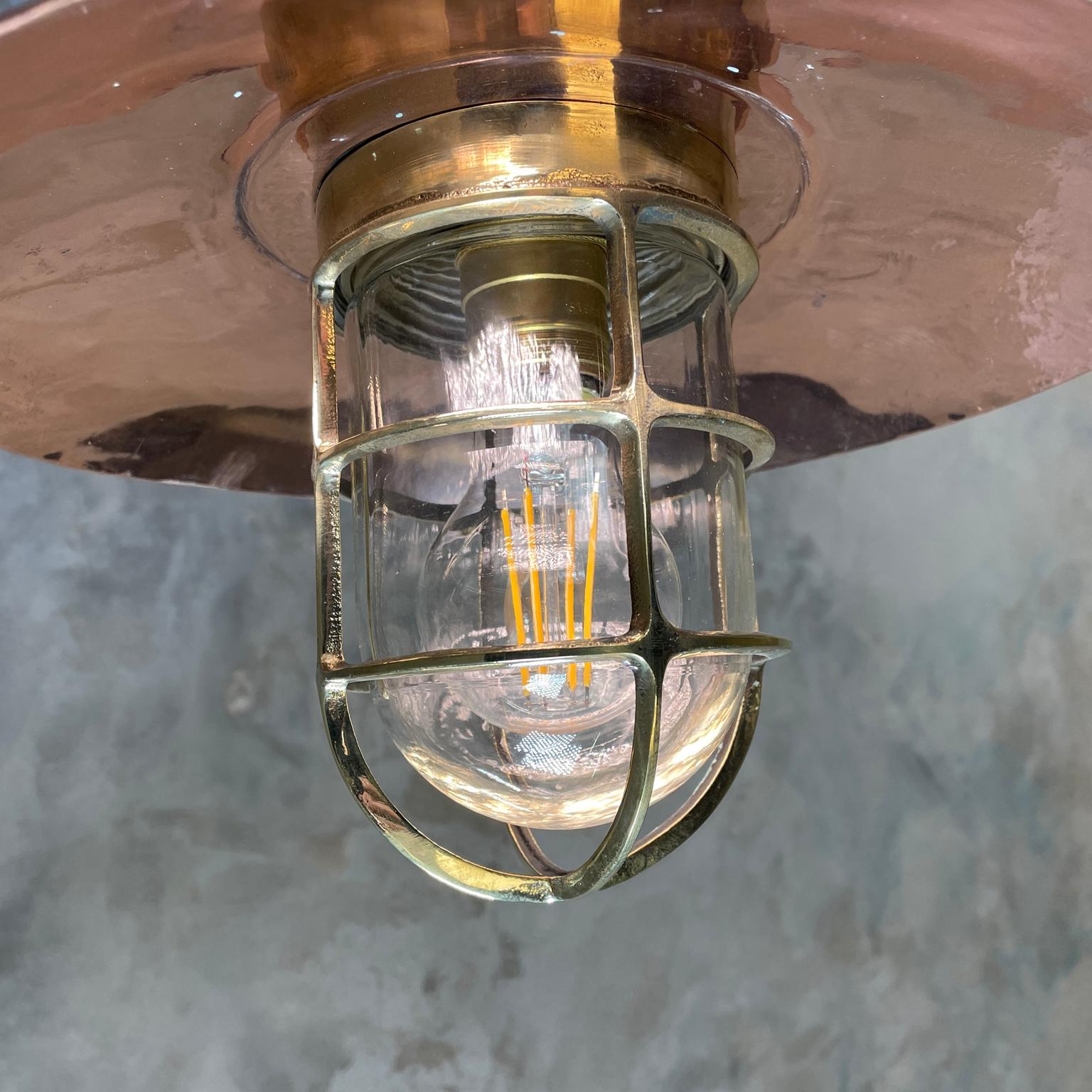 Industrial 1970s Copper & Brass Cantilever Explosion Proof Pendant Lamp with Cage and Shade For Sale