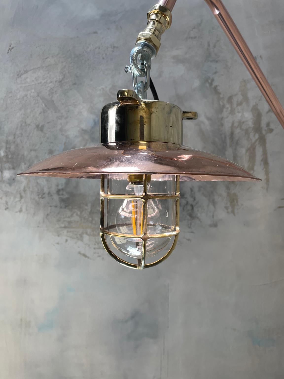 1970s Copper & Brass Cantilever Explosion Proof Pendant Lamp with Cage and Shade In Good Condition For Sale In Leicester, Leicestershire