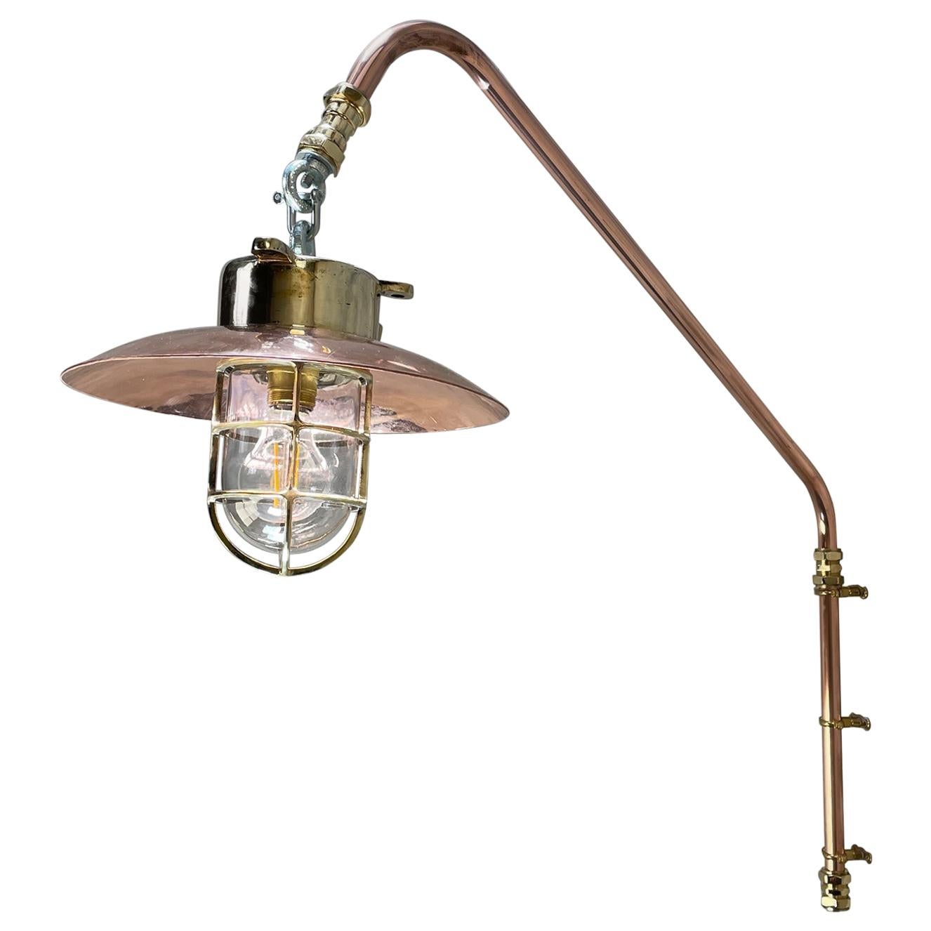 1970s Copper & Brass Cantilever Explosion Proof Pendant Lamp with Cage and Shade