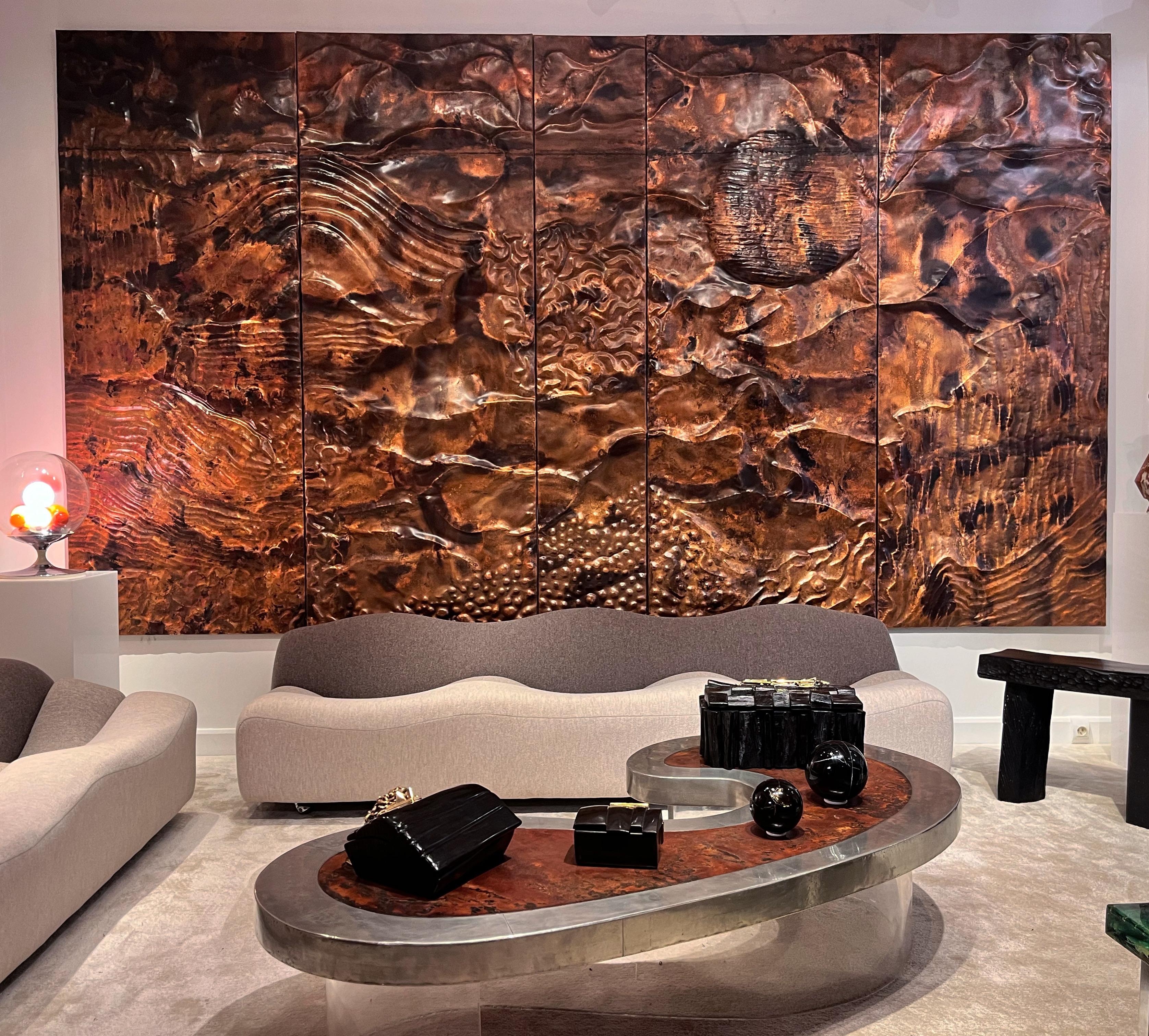 1970s Copper Panel
Large panel in hammered copper mounted on wood. Special commission for a French family for their villa in Saint Tropez. Signed by the artist, Mr. Saint Phalle. The piece is composed of 5 panels.
France 1970
Good vintage condition 