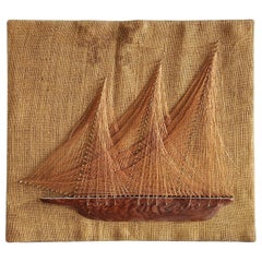 1970 Copper Wire String Art Wood Clipper Ship on Burlap (art de la corde en fil de cuivre)