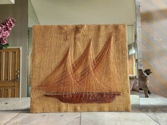 1970s Copper Wire String Art Wood Clipper Ship on Burlap