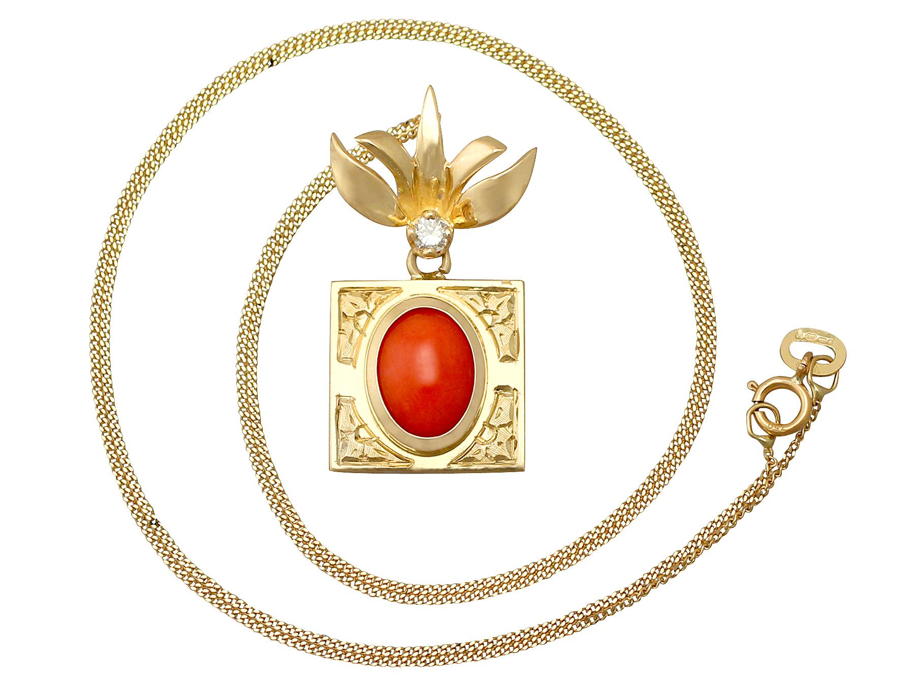 A fine and impressive red coral and 0.03 carat diamond, 18k yellow gold pendant; part of our diverse vintage jewelry and estate jewelry collections.

This fine and impressive cabochon cut coral and diamond pendant has been crafted in 18k yellow