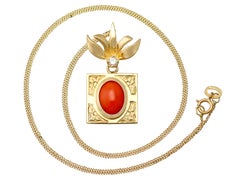 Vintage 1970s Cabochon Cut Coral and Diamond Yellow Gold Pendant
