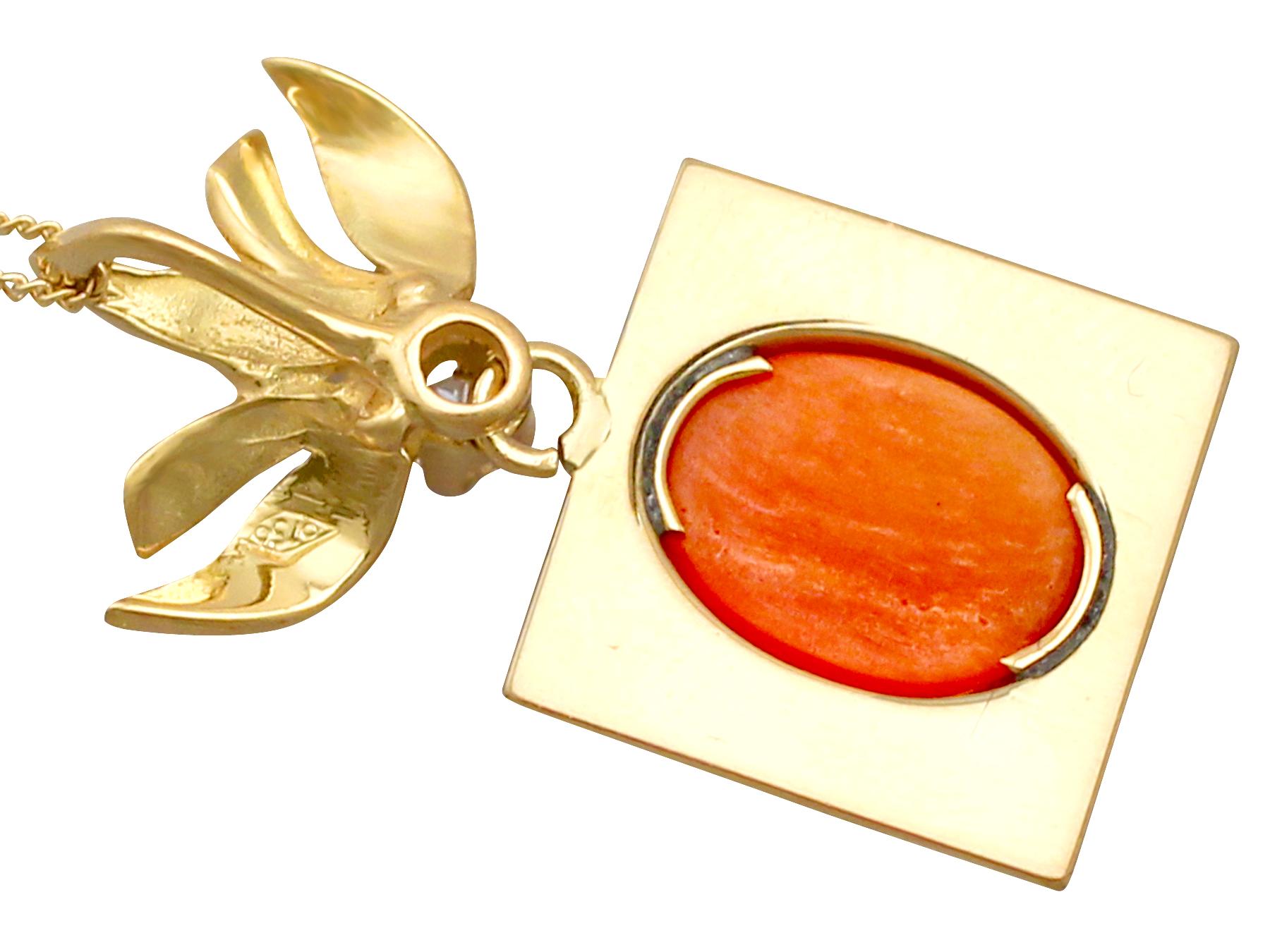 Women's Vintage 1970s Cabochon Cut Coral and Diamond Yellow Gold Pendant For Sale