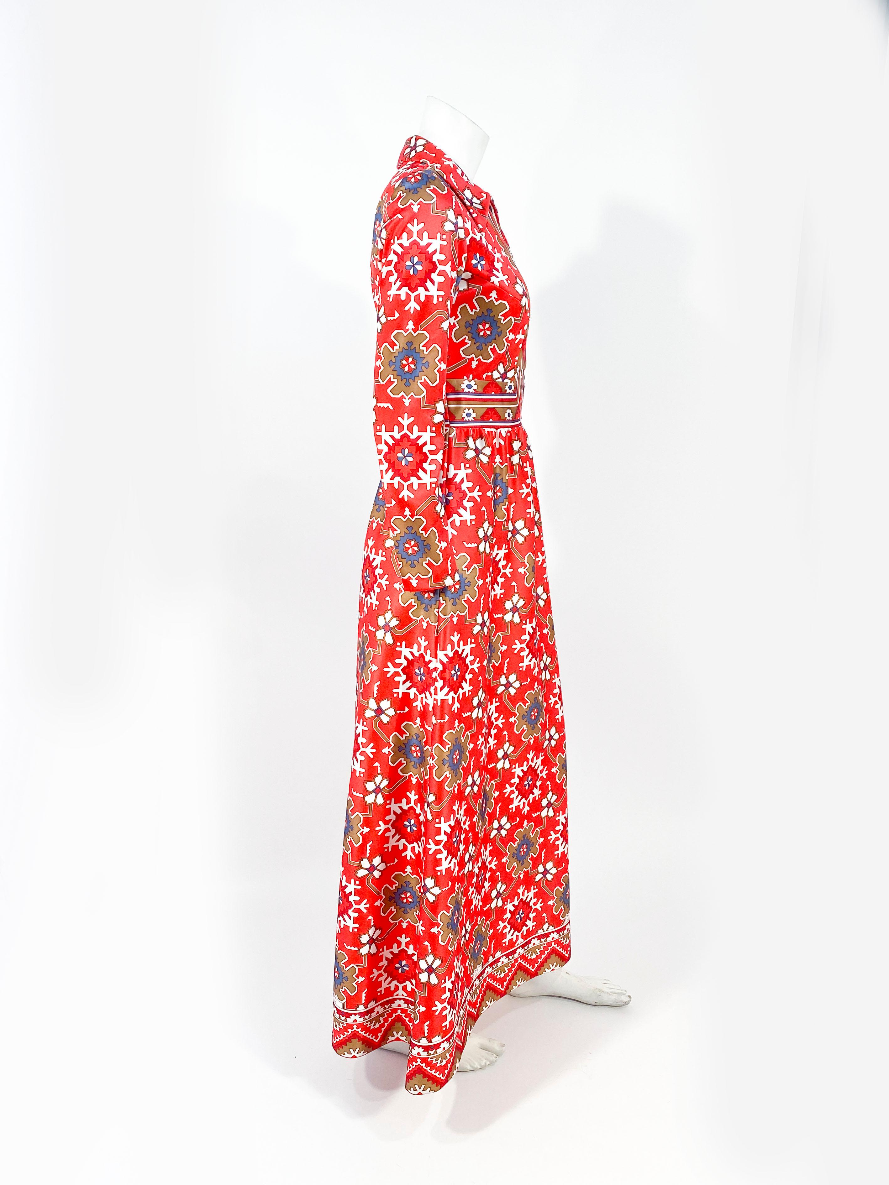 1970s Coral and Red Printed Dress with Boarder Accents 1