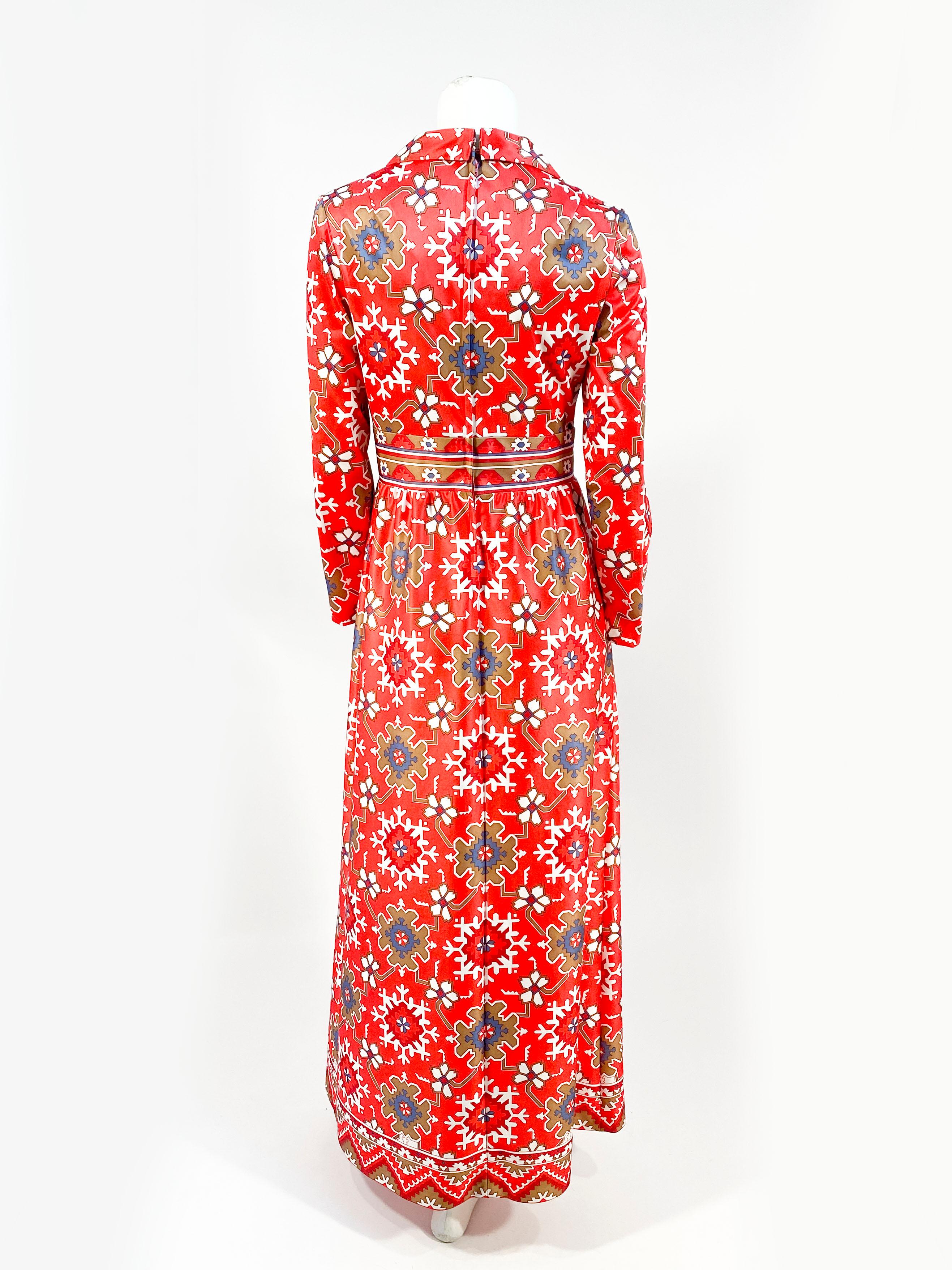 1970s Coral and Red Printed Dress with Boarder Accents 2