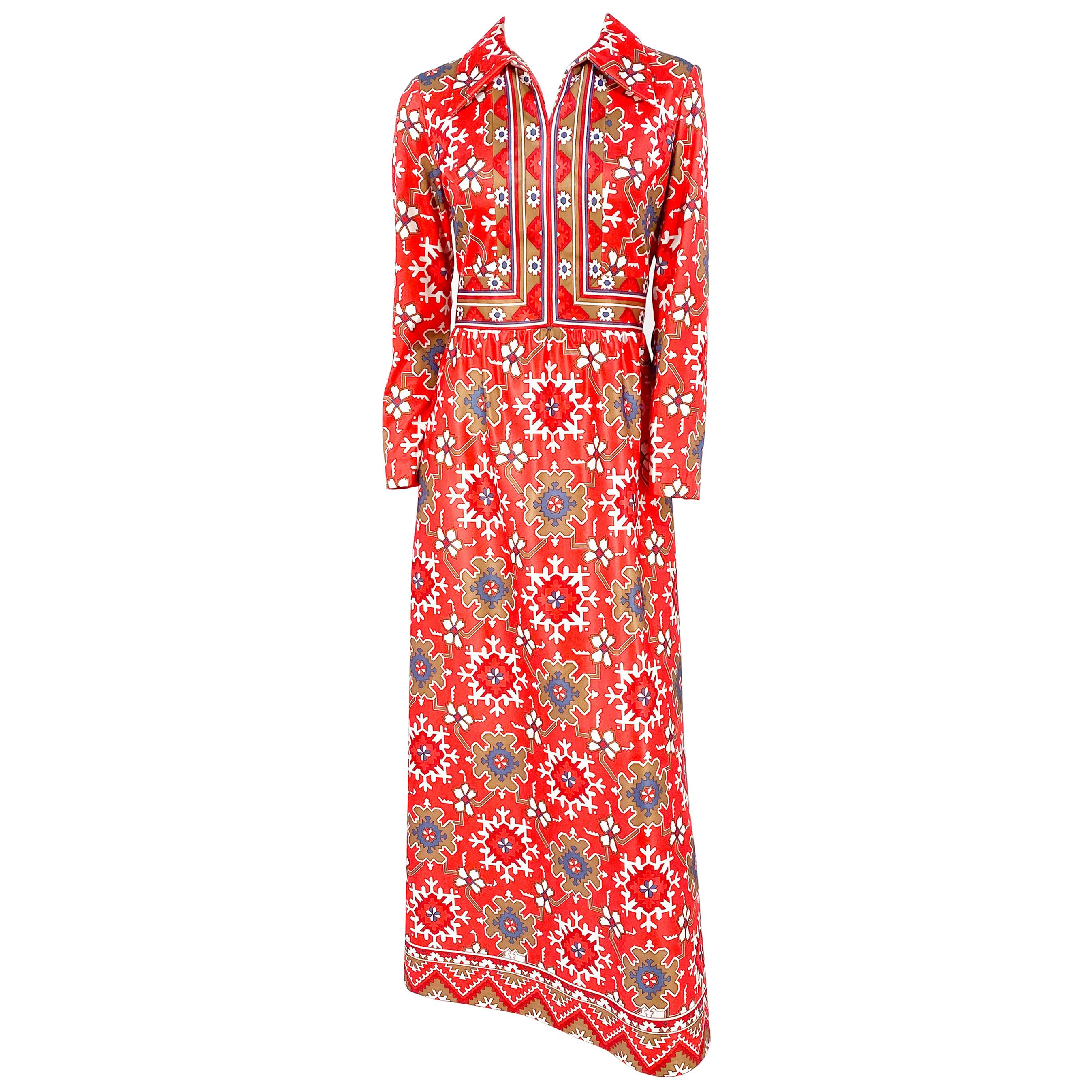 1970s Coral and Red Printed Dress with Boarder Accents