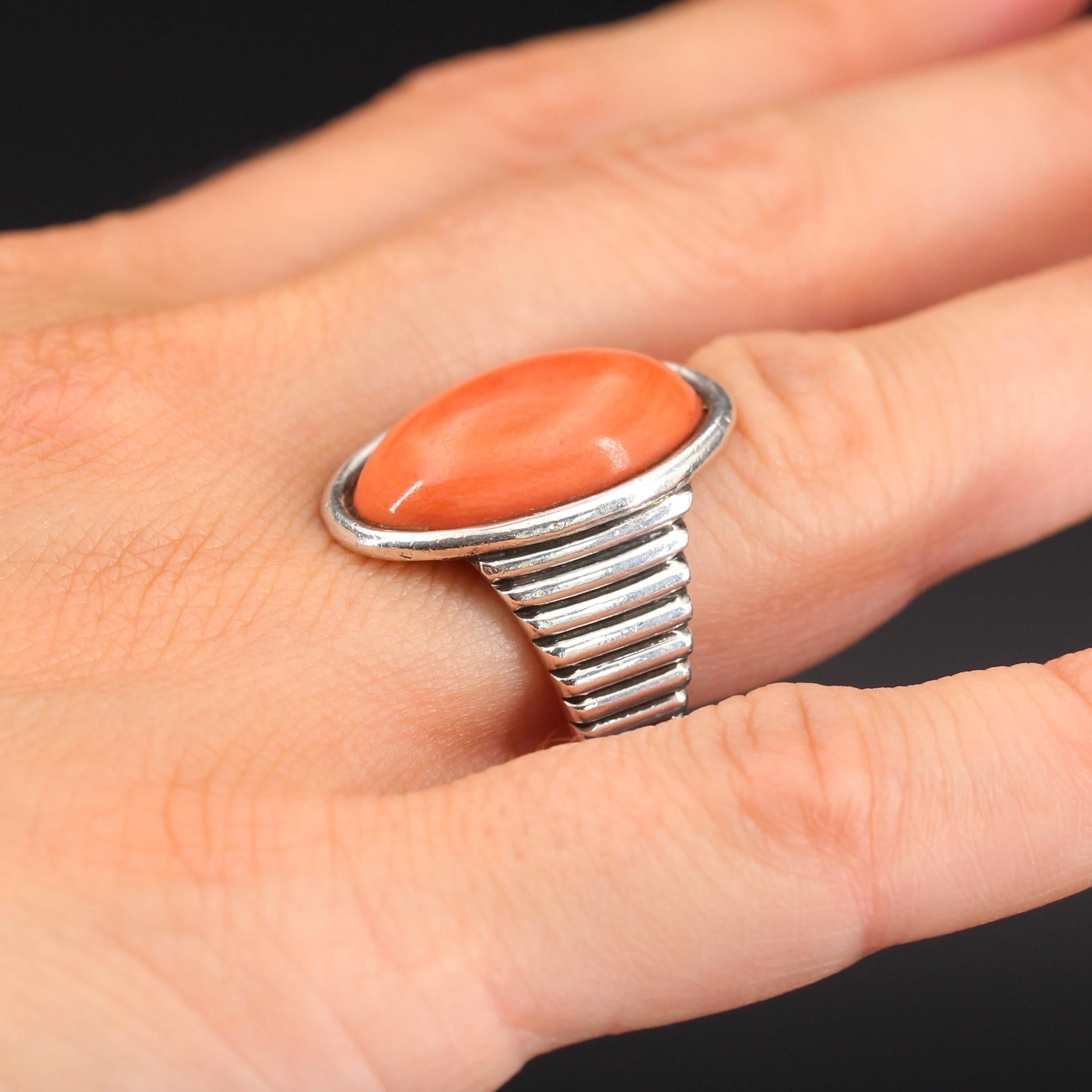 1970s Coral Cabochon Silver Gadrooned Ring For Sale 9