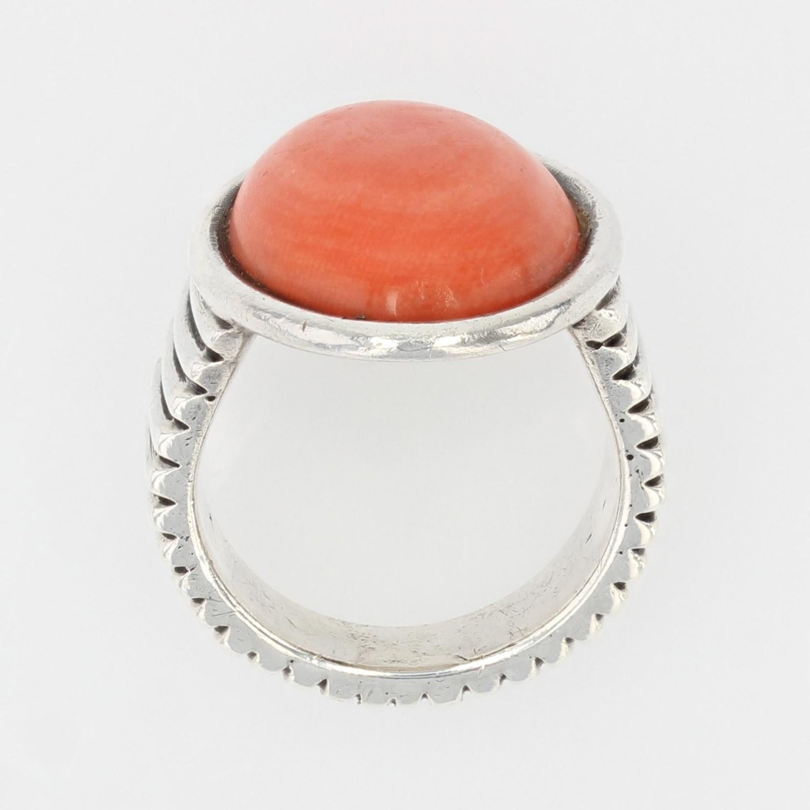 1970s Coral Cabochon Silver Gadrooned Ring For Sale 10