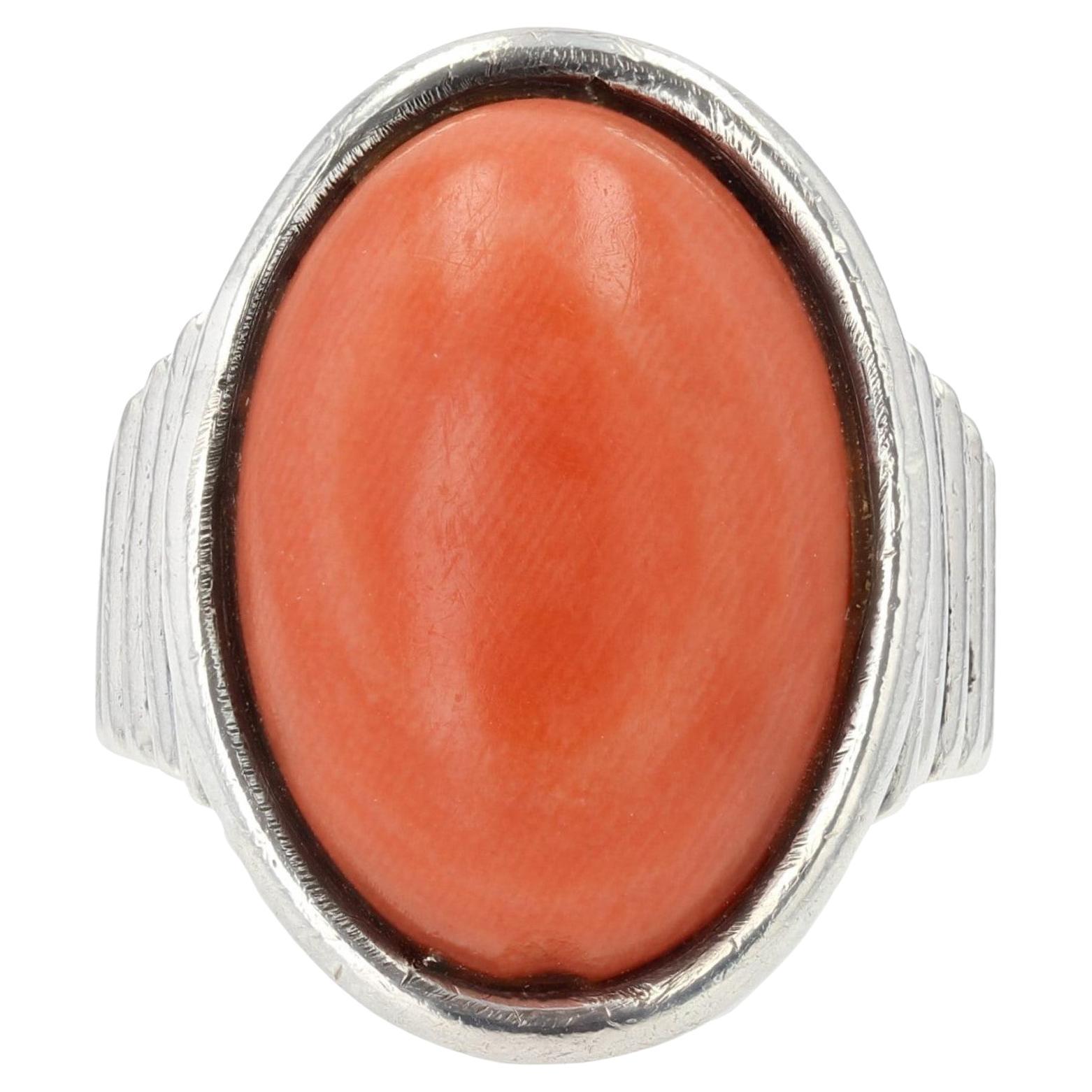 1970s Coral Cabochon Silver Gadrooned Ring For Sale