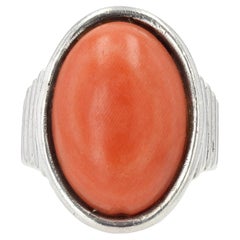 1970s Coral Cabochon Silver Gadrooned Ring