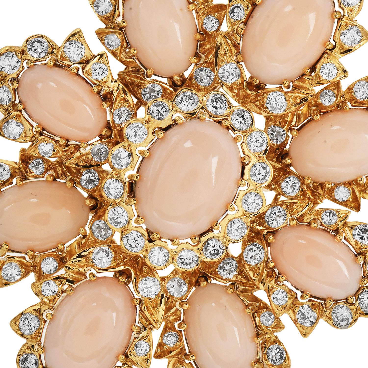 Spilla e ciondolo floreale grande in oro 18 carati 1970S con corallo e diamanti