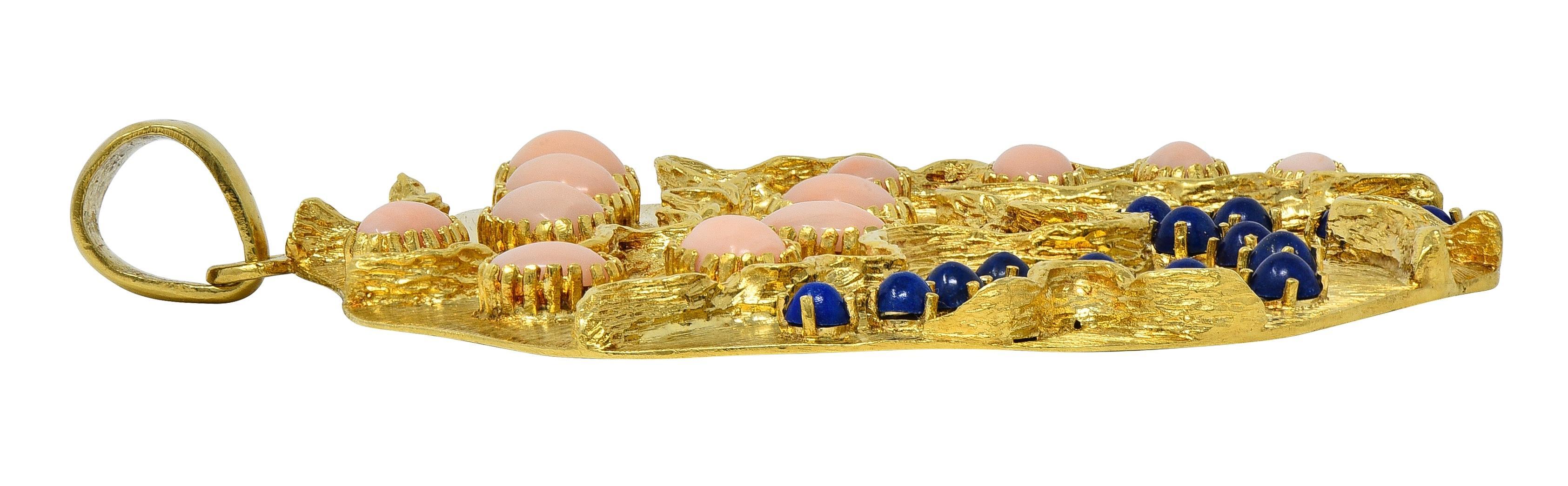 1970er Jahre Koralle Lapislazuli 18 Karat Gold Vintage Squiggle Medaillon Anhänger im Angebot 1