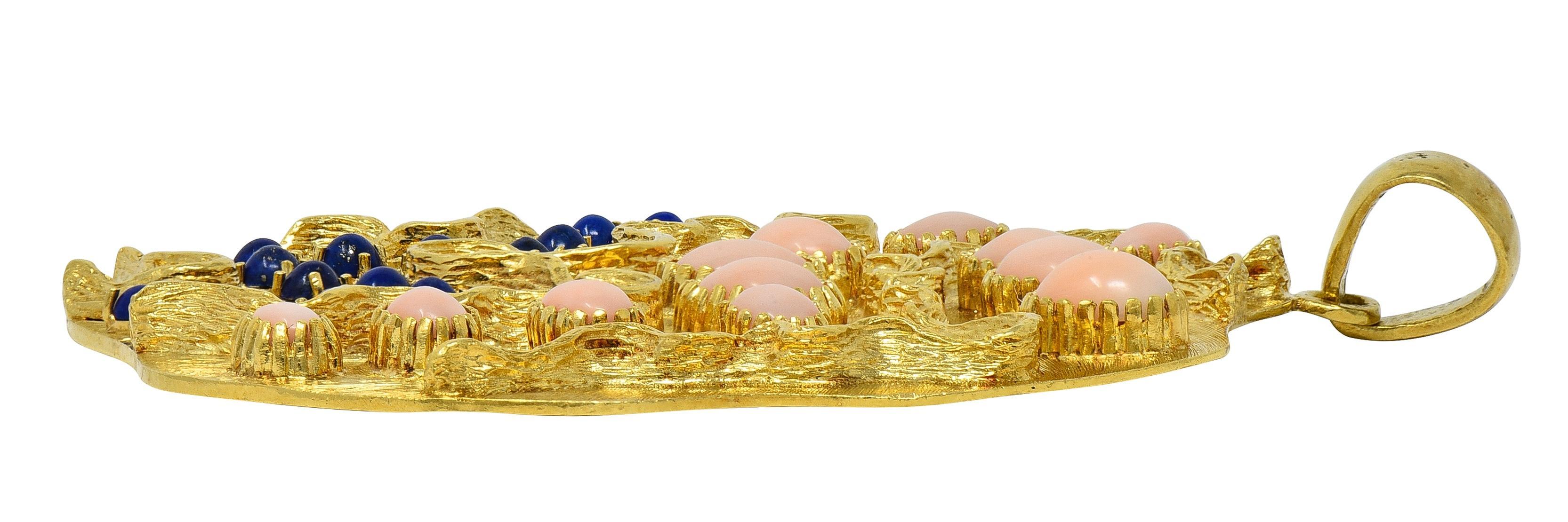 1970er Jahre Koralle Lapislazuli 18 Karat Gold Vintage Squiggle Medaillon Anhänger im Angebot 2